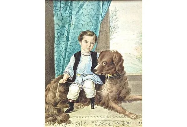 Antique Boy & Dog Portrait Watercolor Painting - 2