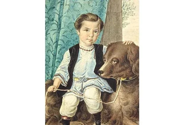Antique Boy & Dog Portrait Watercolor Painting - 3