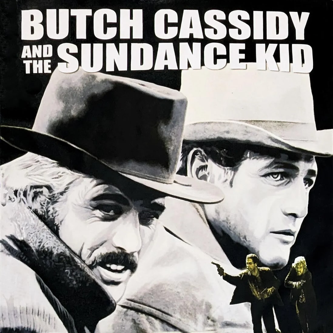 Steve Kaufman Butch & Sundance Large Painting: Unique oil painted silkscreen on canvas. Hand signed 'SAK' on verso by Steve Kaufman. Canvas image size 47 x 47 inches. Canvas is not stretched. Artwork is in excellent condition. Canvas is not stretc