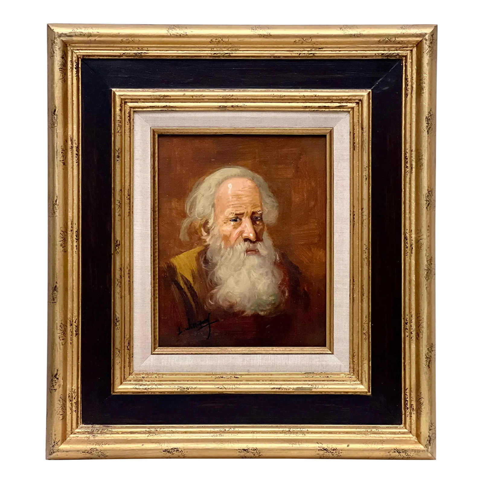 19th Century Isaac L. Williams Signed Portrait of Man With a Beard, Framed: Signed oil on canvas portrait painting of man with a white beard by Isaac L. Williams (1817-1895). A beautiful rendering with a warm color scheme and ebonized wood frame with gilt accents. Signed on
