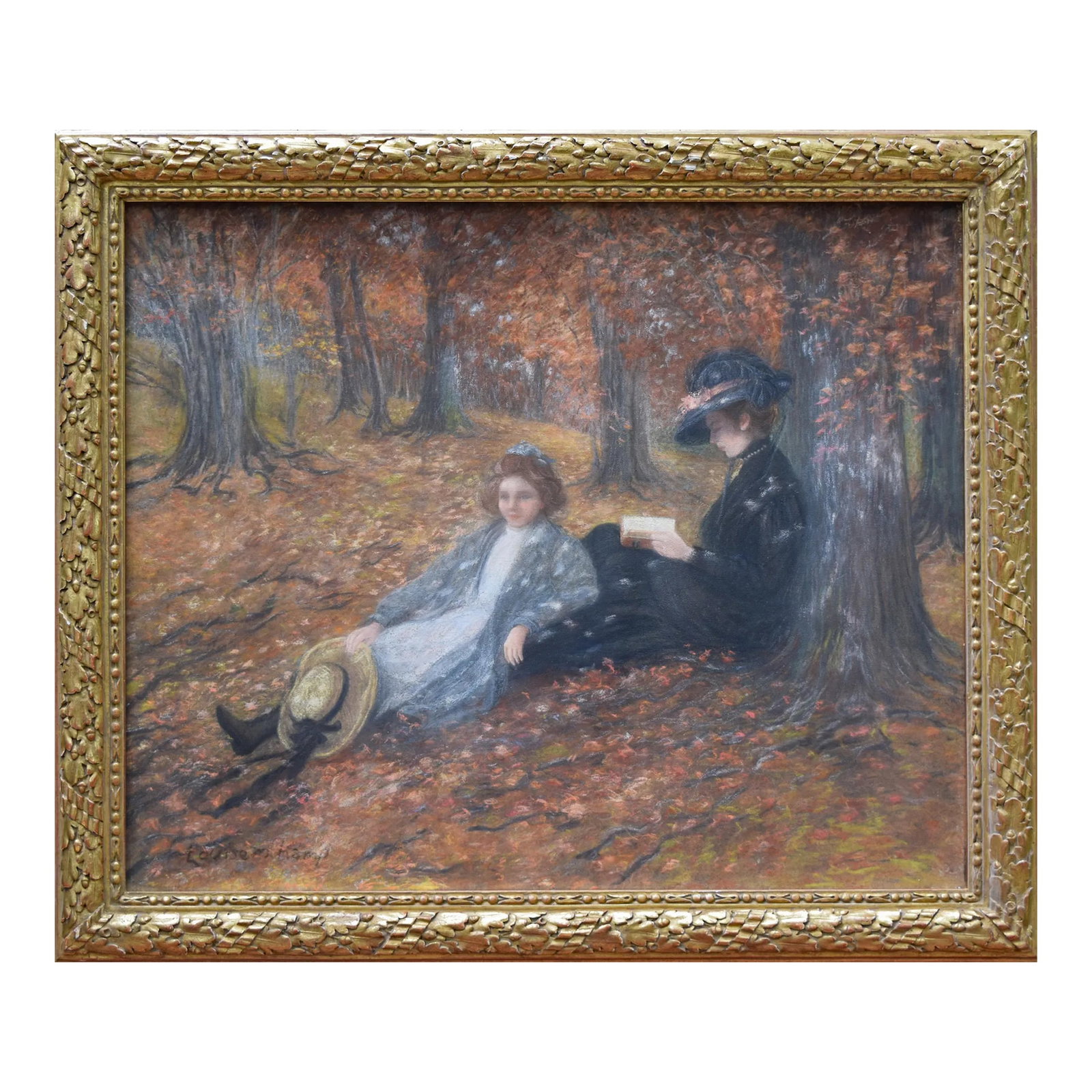 Antique Pastel Landscape With Women Reading in a Forrest "Autumn Idyll" by Louise Marie Kamp (1 of 10)
