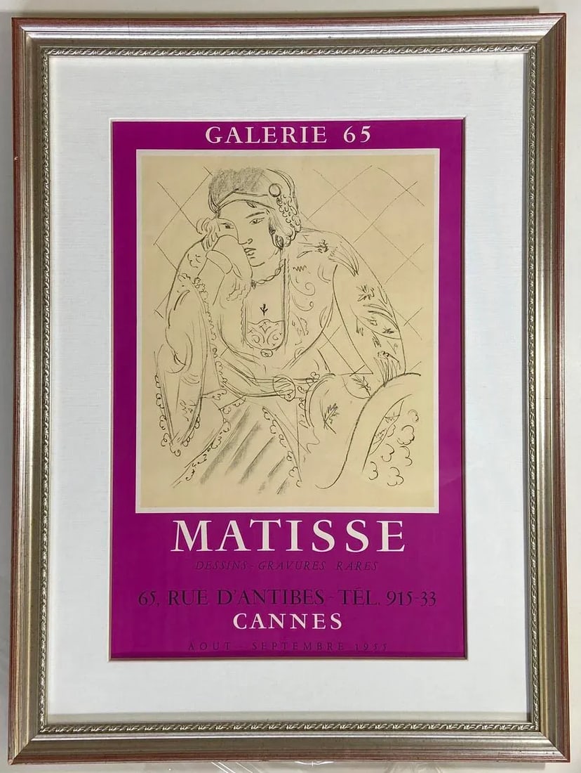 Matisse, Dessins, Gravuress, Galerie 65, Cannes, Stone Lithographic Poster Henri Matisse, From Timot: A very rare early STONE LITHOGRAPH poster, not sure if printed later, but has been sold out for over twenty five years. Beautifully and expensively framed. The shipping charges are so high as it has t