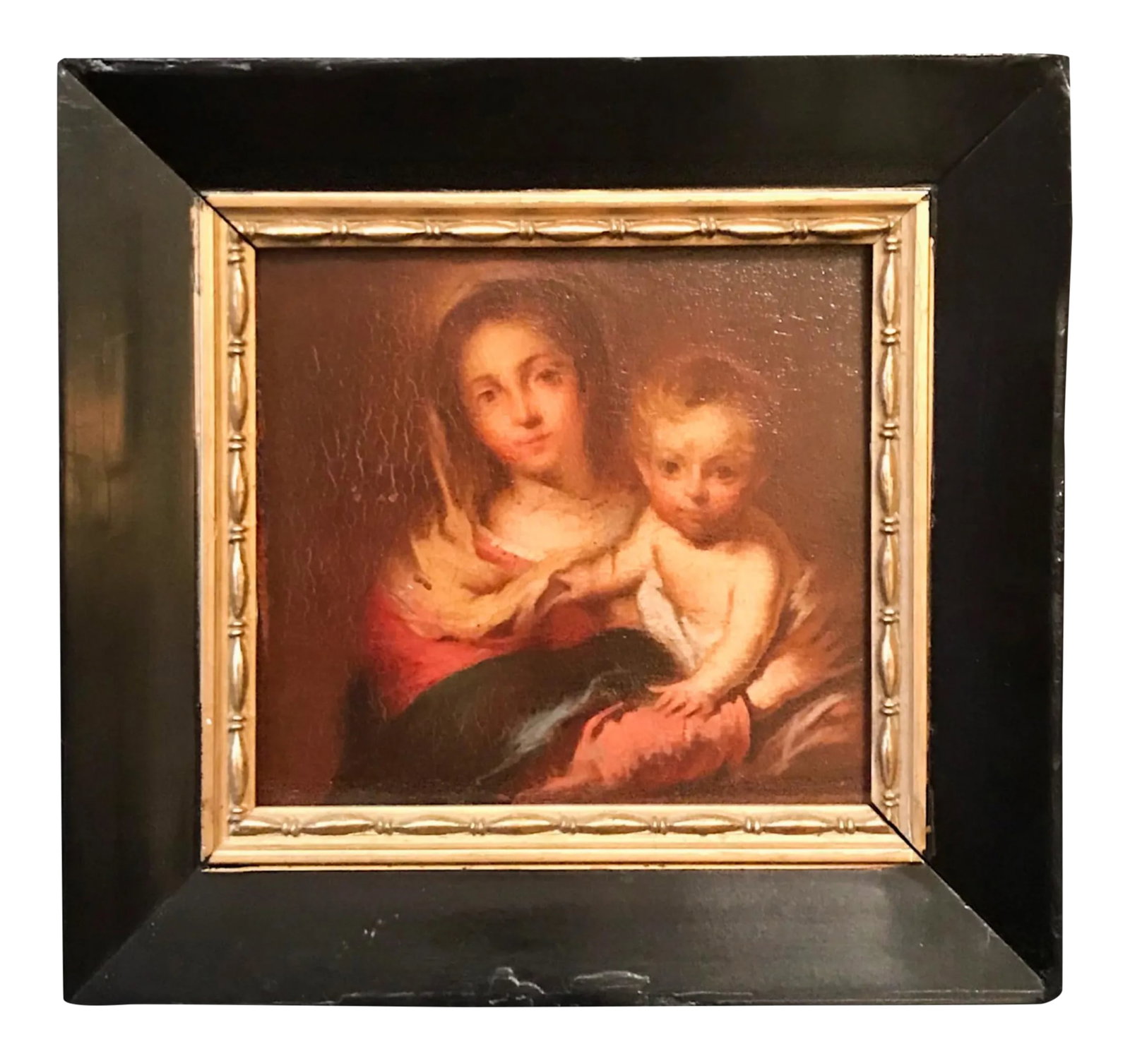 Antique Painting "Madonna With a Napkin" After Bartolome Esteban Murillo 1666: Antique Painting "Madonna with a Napkin" after Bartolome Esteban Murillo 1666 This lovely oil painting on beveled wood panel is after the famous Spanish Baroque painting "Madonna with a Napkin" by