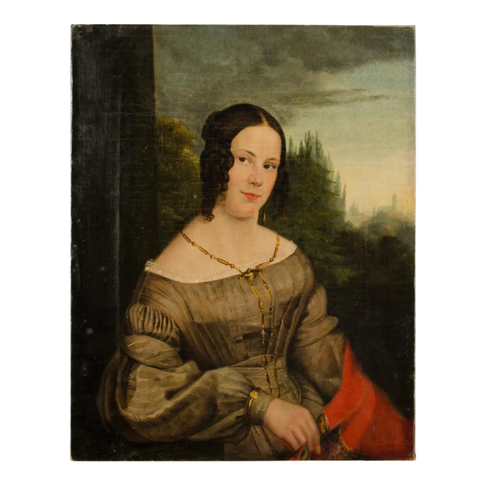 A Mid-Nineteenth Century Portrait of a Distinguished Woman.: An oil on canvas portrait of a Distinguished Woman, Mid-Nineteenth Century, wearing a silk dress, a suite of gold jewelry including earrings, long necklace and bracelet, and wrapped in a red