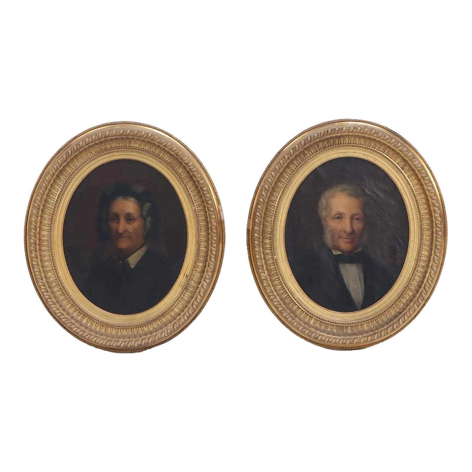 A Pair of European School Oil on Canvas Portrait Paintings: A pair of European School oil on canvas paintings. The antique portraits depict a distinguished gentleman and lady and are housed in oval gilt frames. Condition: Alterations: Original Condition