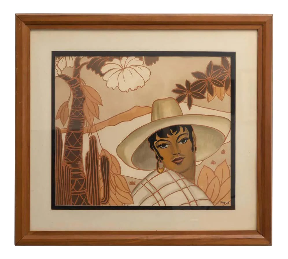 Gouache on Paper of a Stylish Argentinian Man by Kapur: This stylish and chic 1930s gouache on paper by depicts a "Latin Lover" in all of his glory as he is surrounded by a lush, tropical garden as he gazes out into the viewers eyes with a sense of