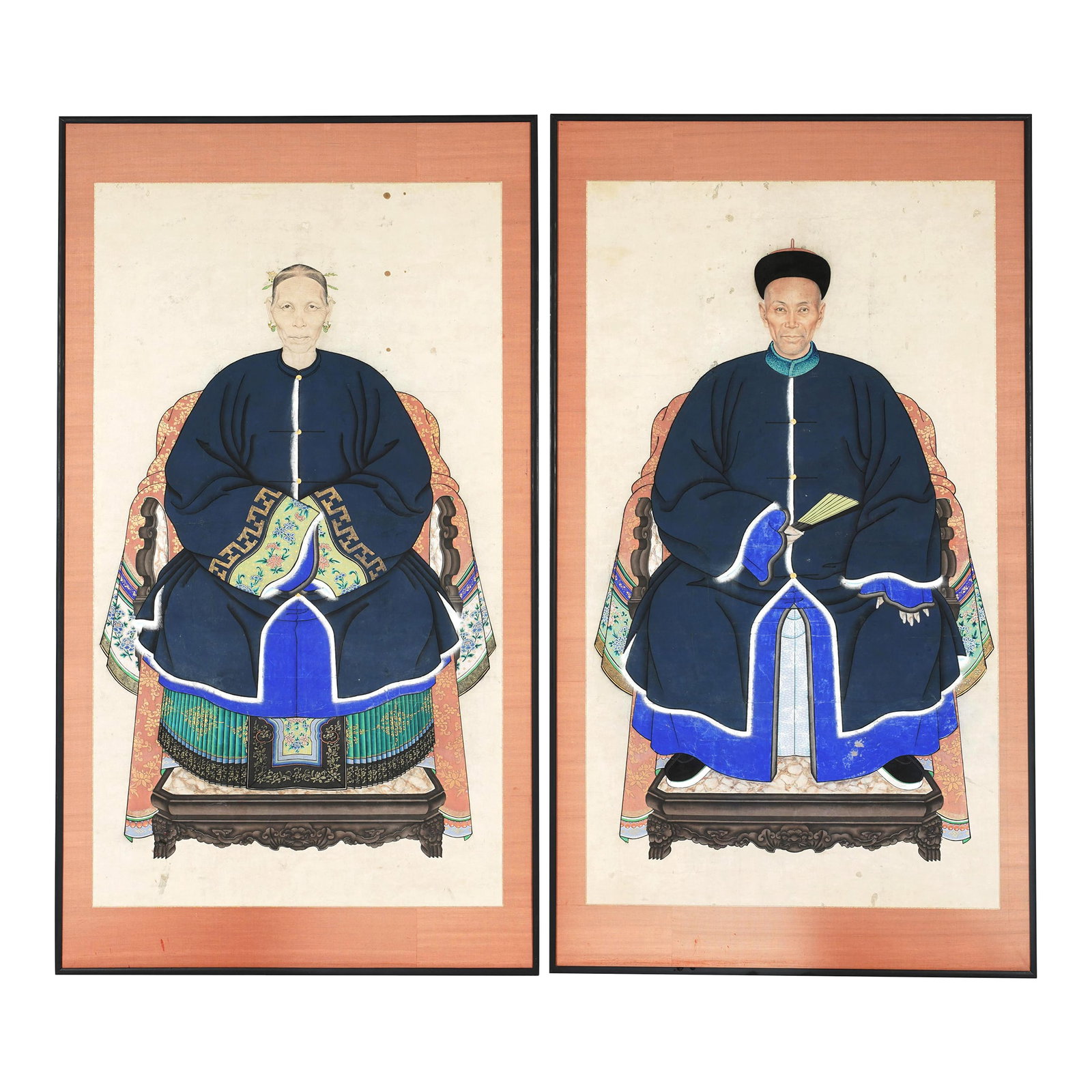 Antique 66" Tall Chinese Ancestral Painted Portraits, a Pair: Stunning and vibrant blue antique Chinese ancestral framed portraits. A pair of late 19th Century Ming Dynasty Chinese Ancestral Paintings, featuring seated man and wife in vibrant blues with peach