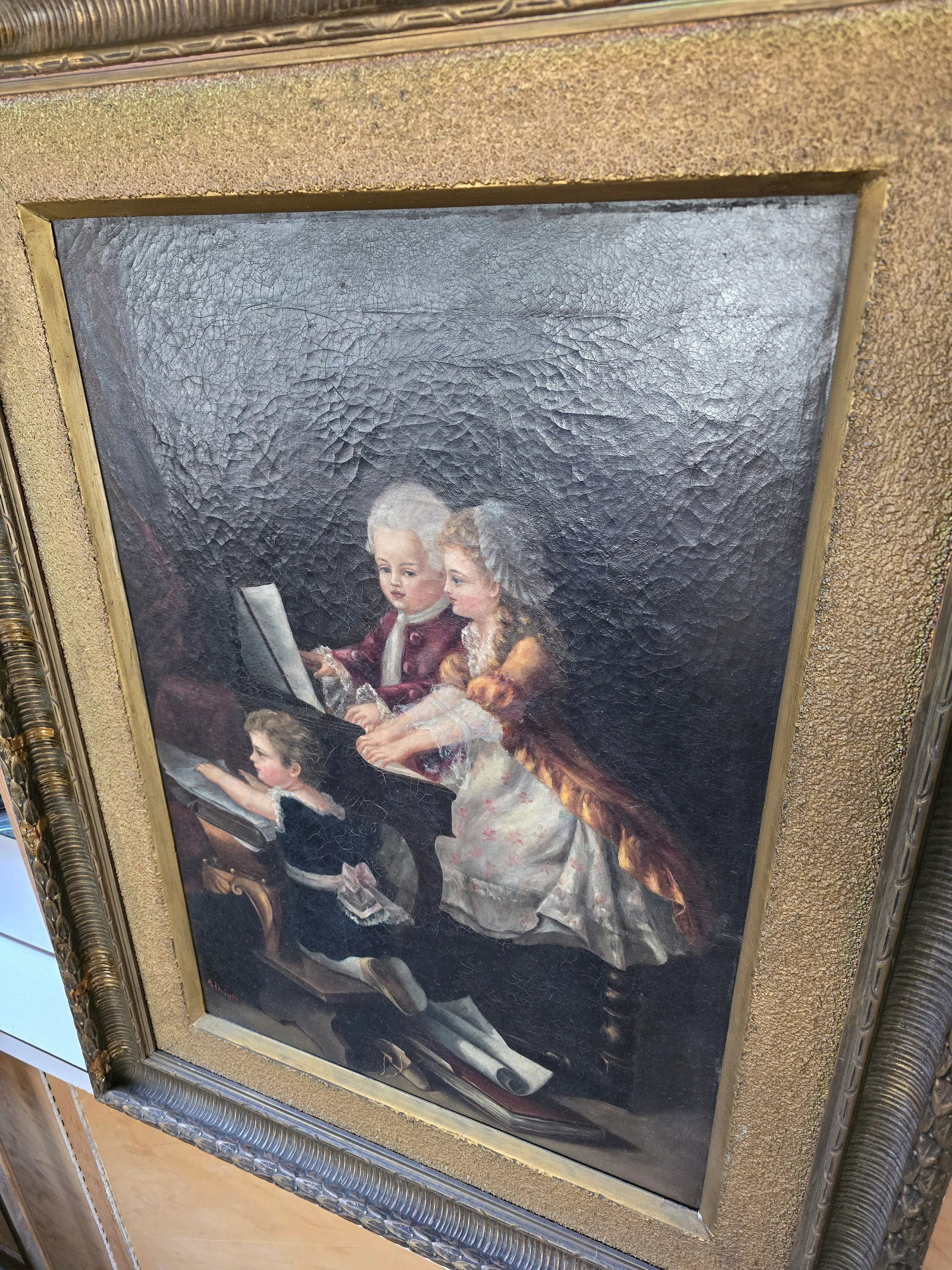 Late 19th Century Antique Large Signed Painting Young Musicians - 10
