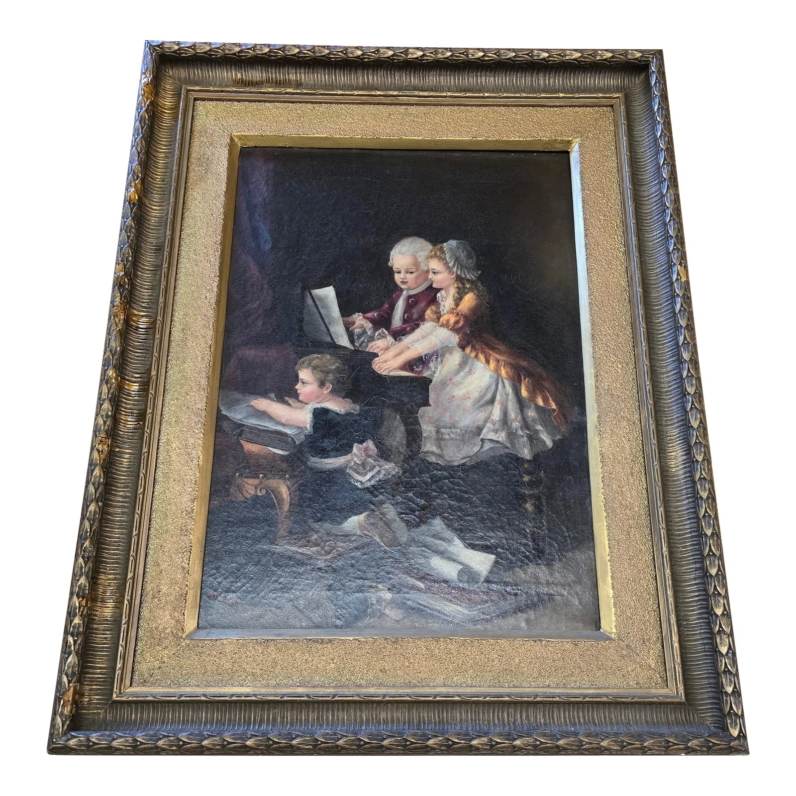 Late 19th Century Antique Large Signed Painting Young Musicians: A large and exquisite over 150 years old signed painting depicting a group of adorable children learning and playing music. Each Rosy cheeked child has a happy expression gloriously painted in