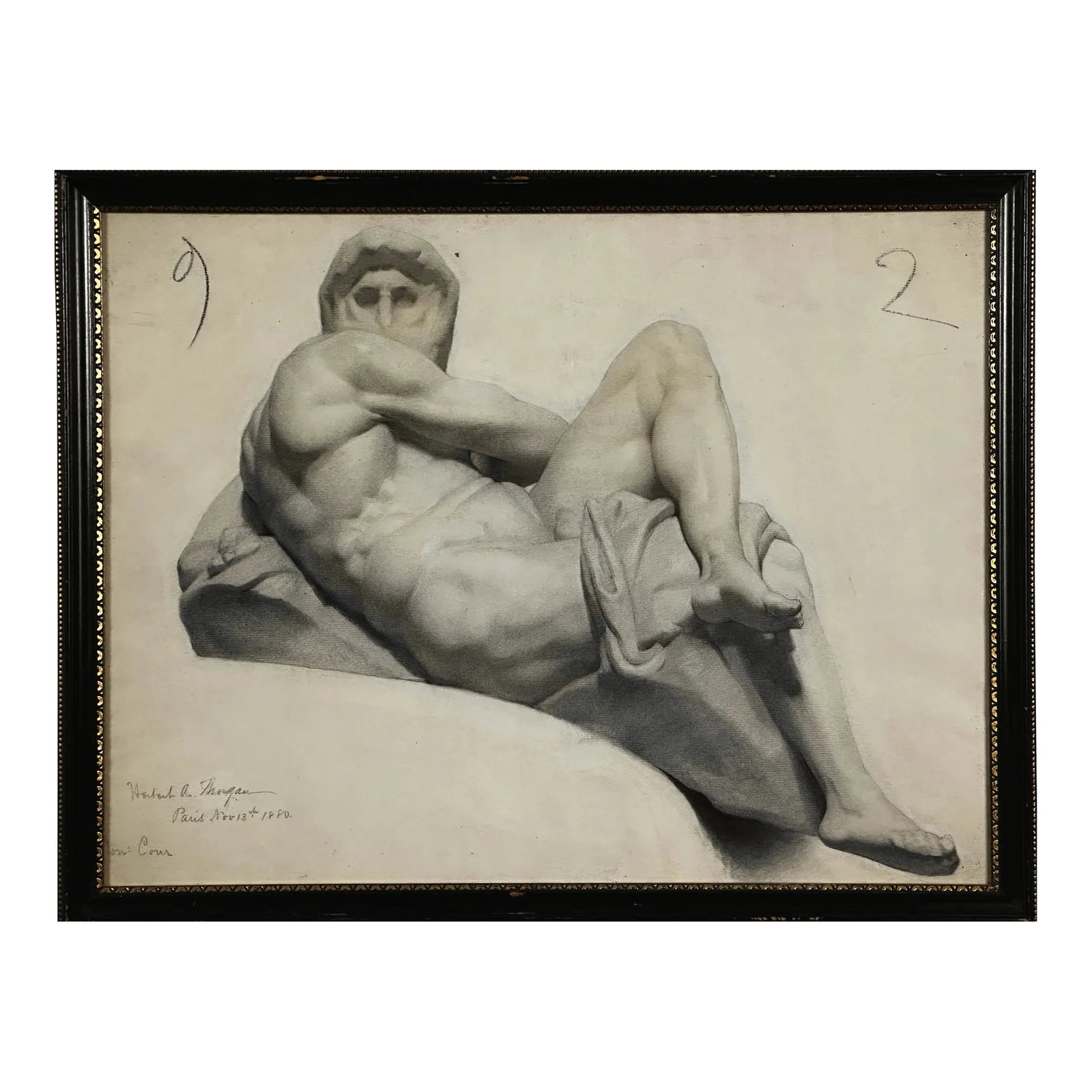 Antique Michelangelo Sculpture Classical Sketch, Signed (1880, Charcoal/Graphite on Paper): Antique 1880 Classical Male Figurative Sketch, Signed (Charcoal/Graphite on Paper). The sketch is after a figure from Michelangelo's Medici Chapel Tomb in Florence. Charcoal/graphite on toned woven pa
