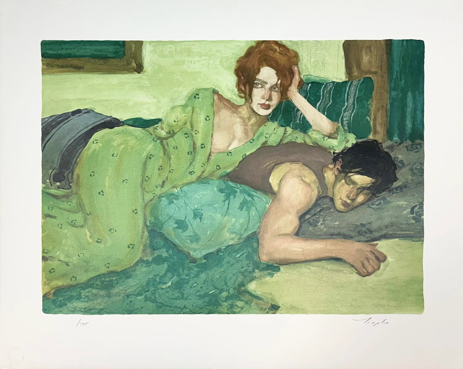 "Rhapsody in Blue" by Malcolm Liepke - Signed Limited Edition Print: Malcolm T. Liepke's "Rhapsody in Blue" (titled on the back) or "Seduction in Blues and Greens" is a limited-edition lithograph, numbered 27 of 175 and hand-signed by the artist. Measuring 23.5" W *