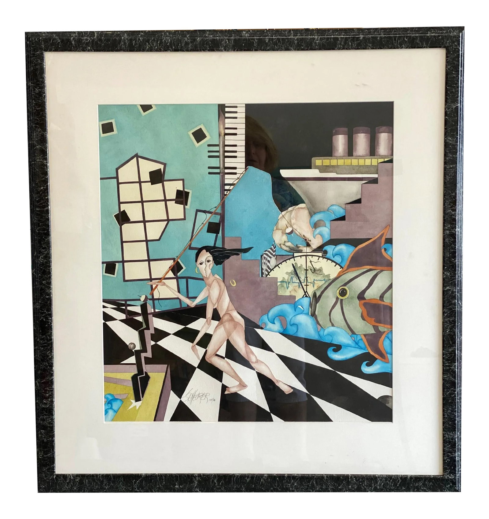 1987 Surrealist Watercolor Painting Signed Scheurer: An intriguing surrealist painting, watercolor on paper incorporating figuratively, architectural and nautical imagery. The work is signed Scheurer and dated 1987. Condition is excellent. Circa: 1987.