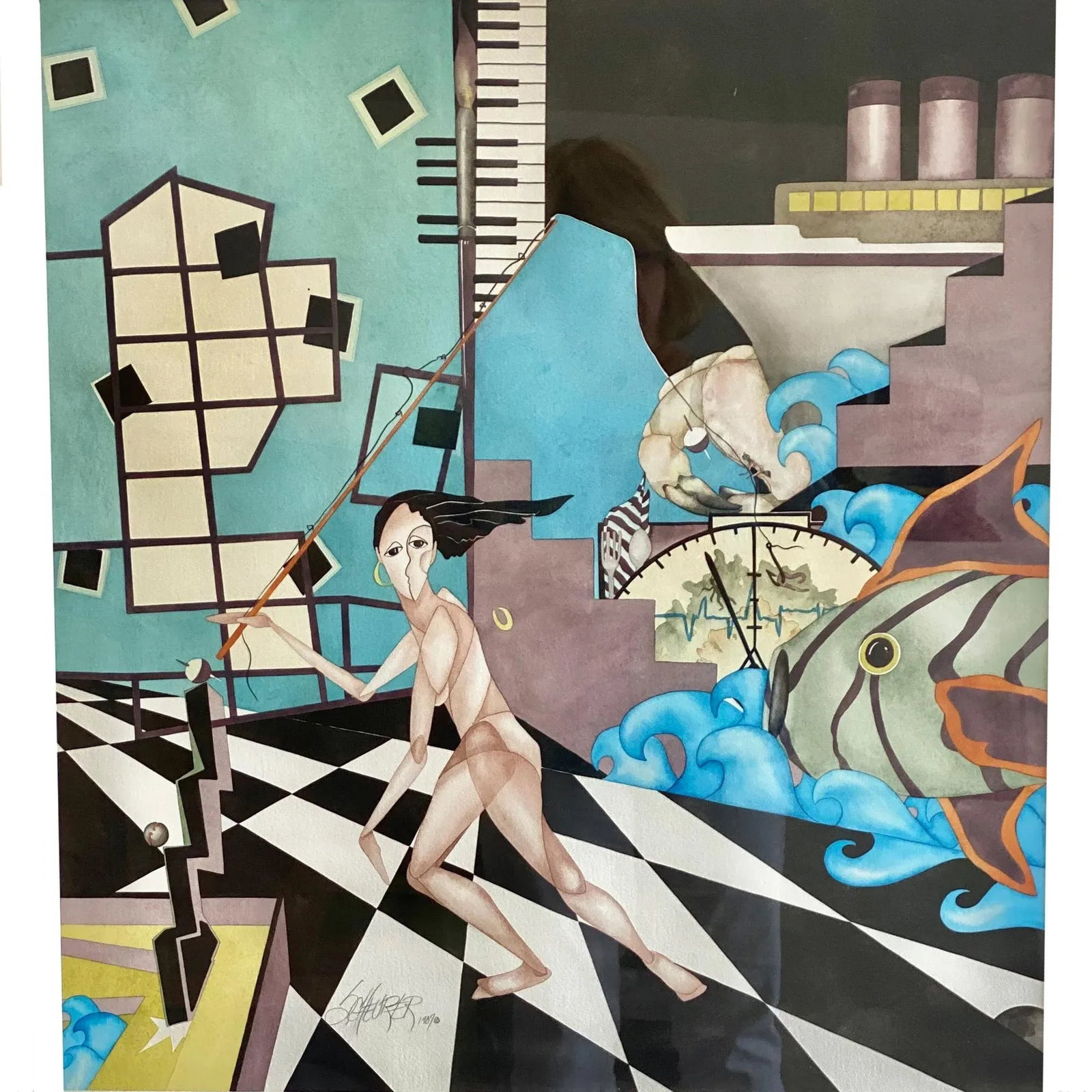 1987 Surrealist Watercolor Painting Signed Scheurer - 2