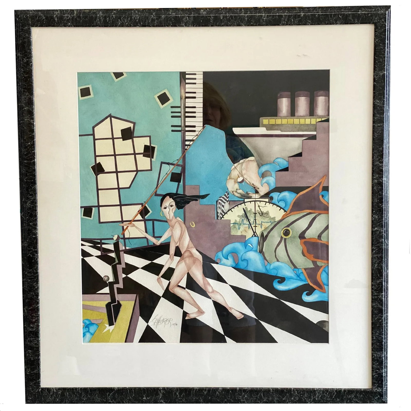 1987 Surrealist Watercolor Painting Signed Scheurer - 5