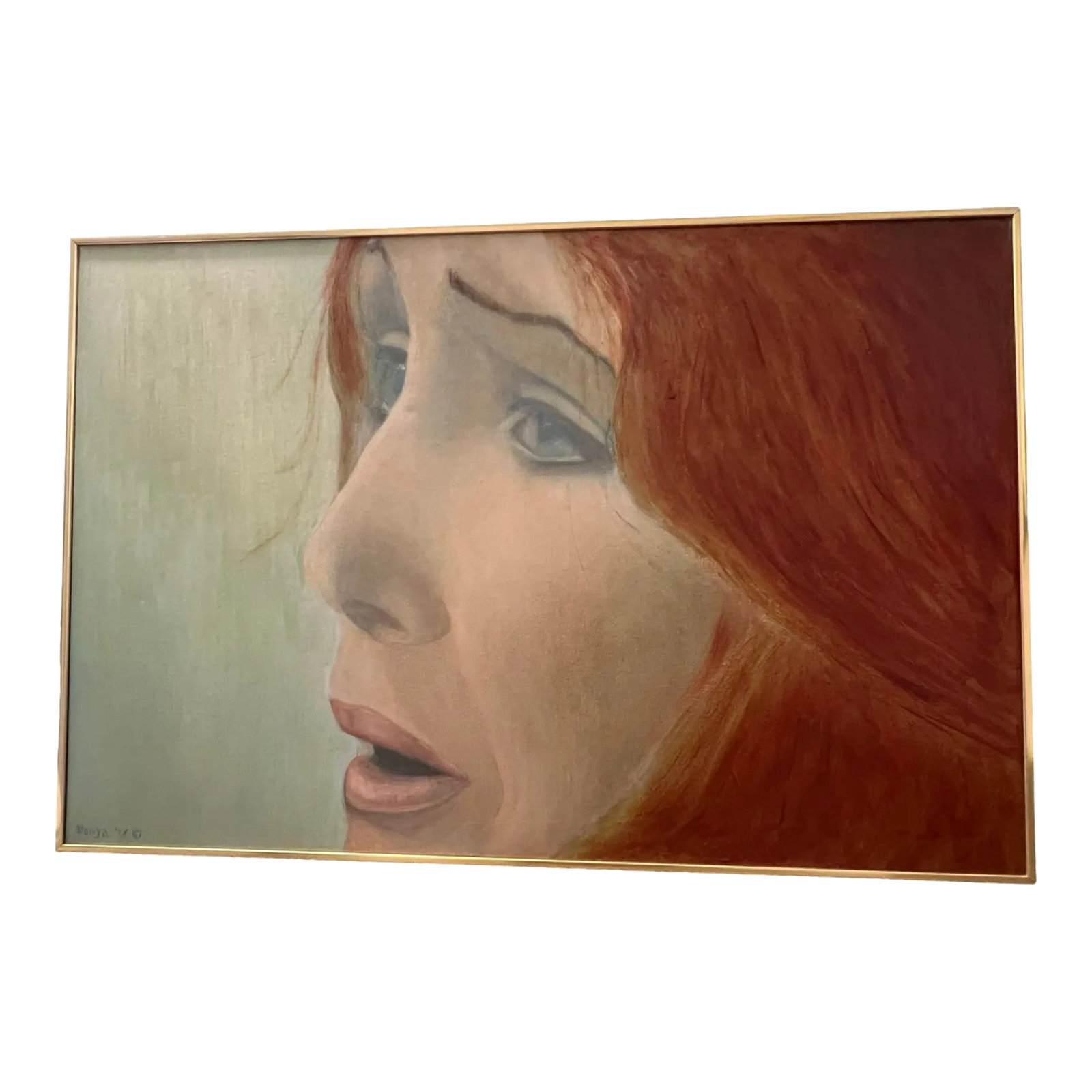 Vintage Mid Century Modern 1970s Women Portrait Oil Painting Canvas: We have for your consideration a very gorgeous photorealism oil painting of a women. Women has a expression that captures sadness or pain which is very striking and captures the soul and eye once
