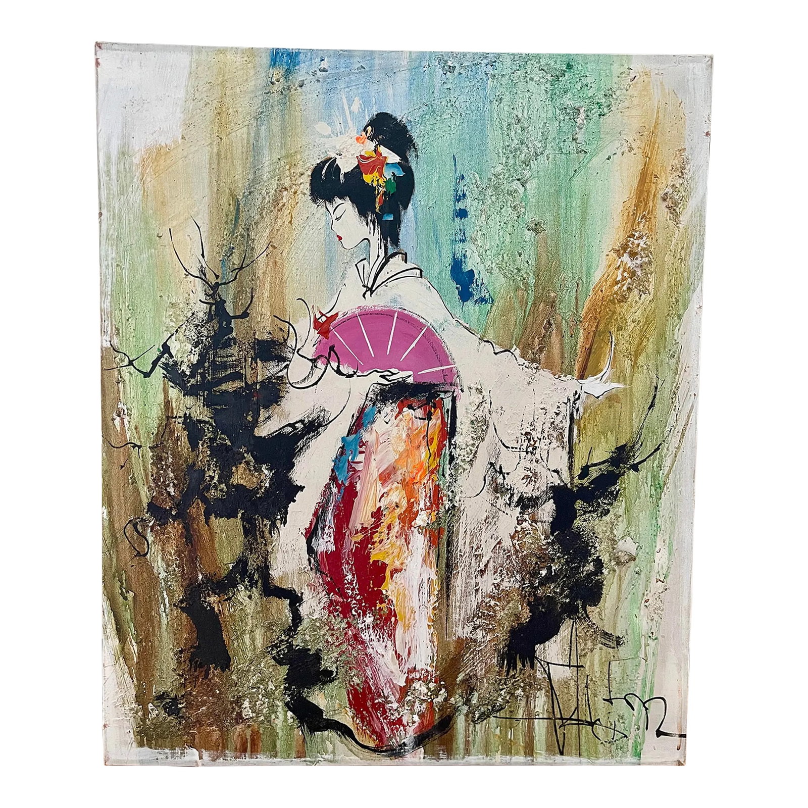 1970s Abstract Chinoiserie Vibrant Geisha Portrait Painting: Gorgeous painting of geisha in kimono holding a fan in abstract style with stunning combination of colors including green, brown, white and red. The background is a blend of abstract shapes and