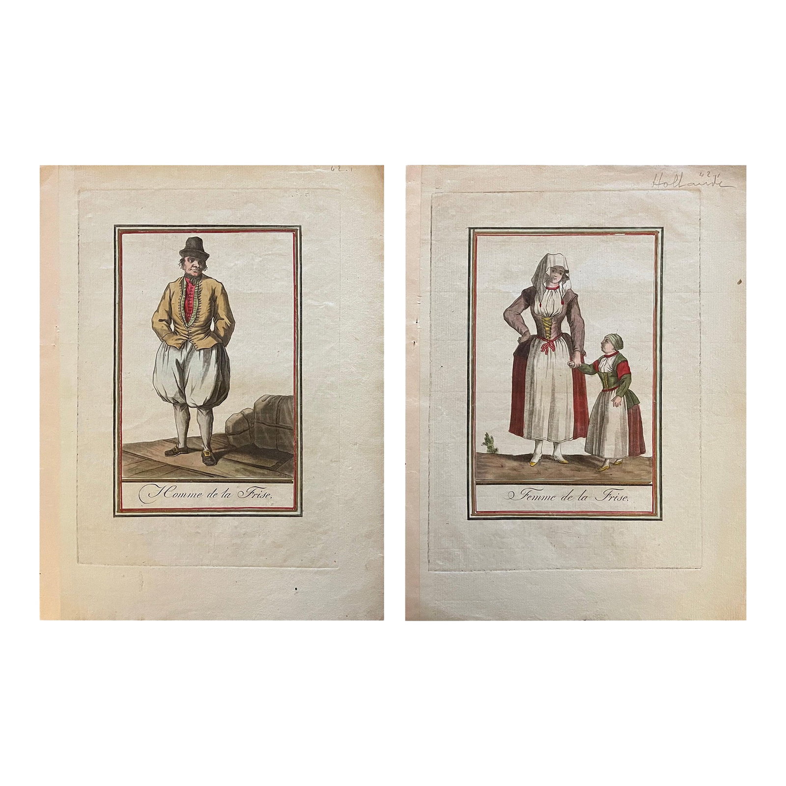 Pair of 18th French Hand Colored Engravings of a Frisian Man, Woman and Child: Pair of depicting 'Homme and Femme de la Frise' or 'Frisian Man and Woman', people of the Frisian Islands off the coast of the Netherlands. The first showing the man in a wonderful native outfit of