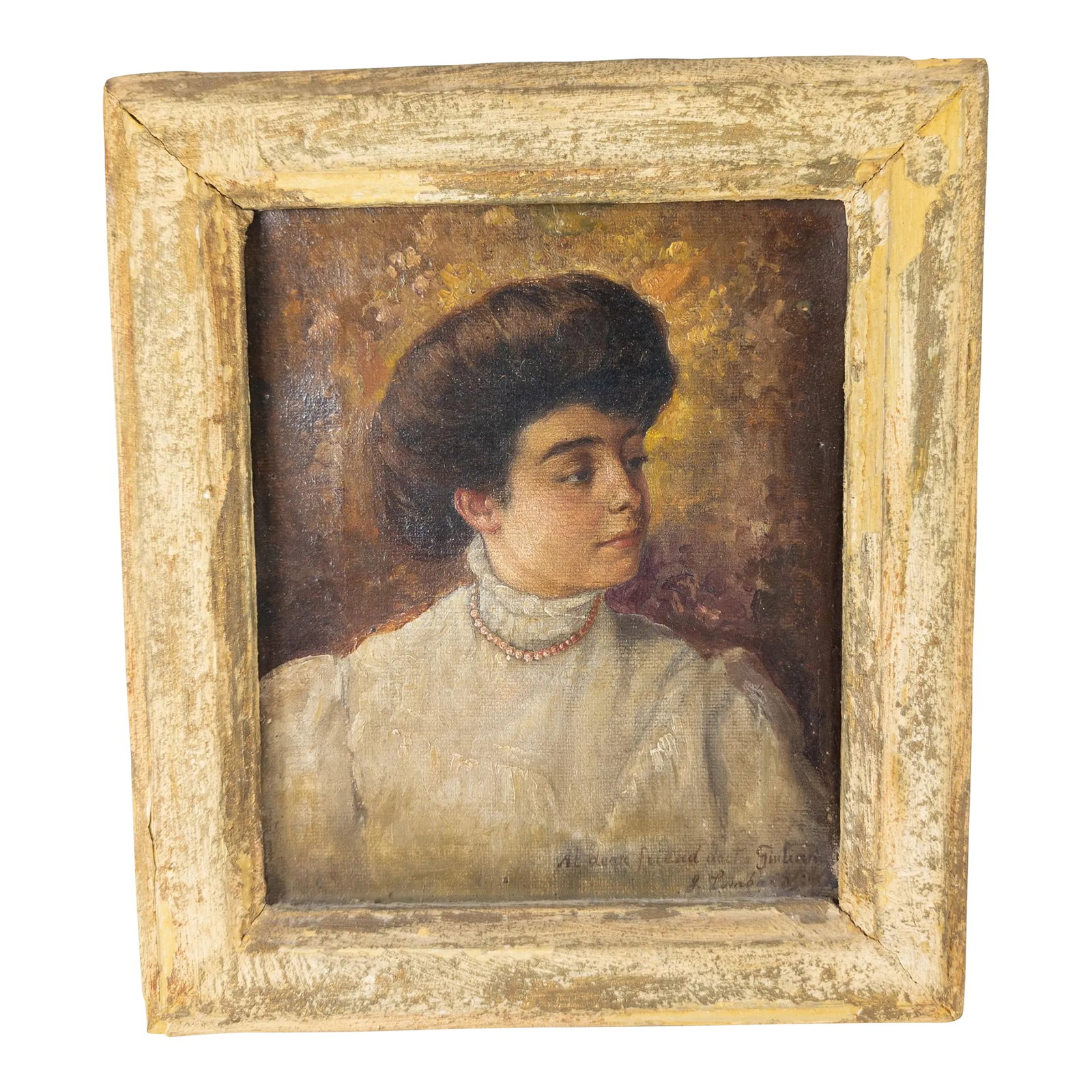 Early 20th Century Portrait Painting of an Italian Lady With Inscription: We are selling this nice little small oil painting portrait. This portrait is very well done with great background and has a sweet little inscription from the artist about the sitter. There is unfortu