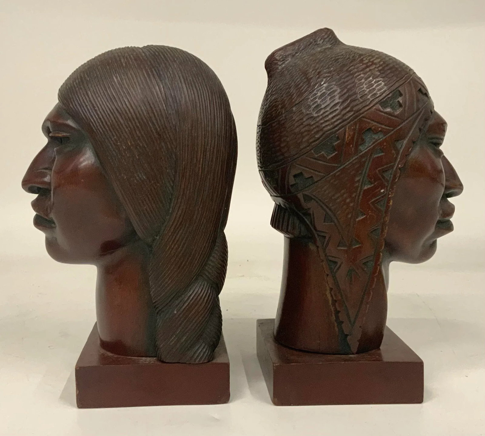 Pair of Carved Wood Sculptures of Inca Indians by Mexican Artist Flores Arias - 10