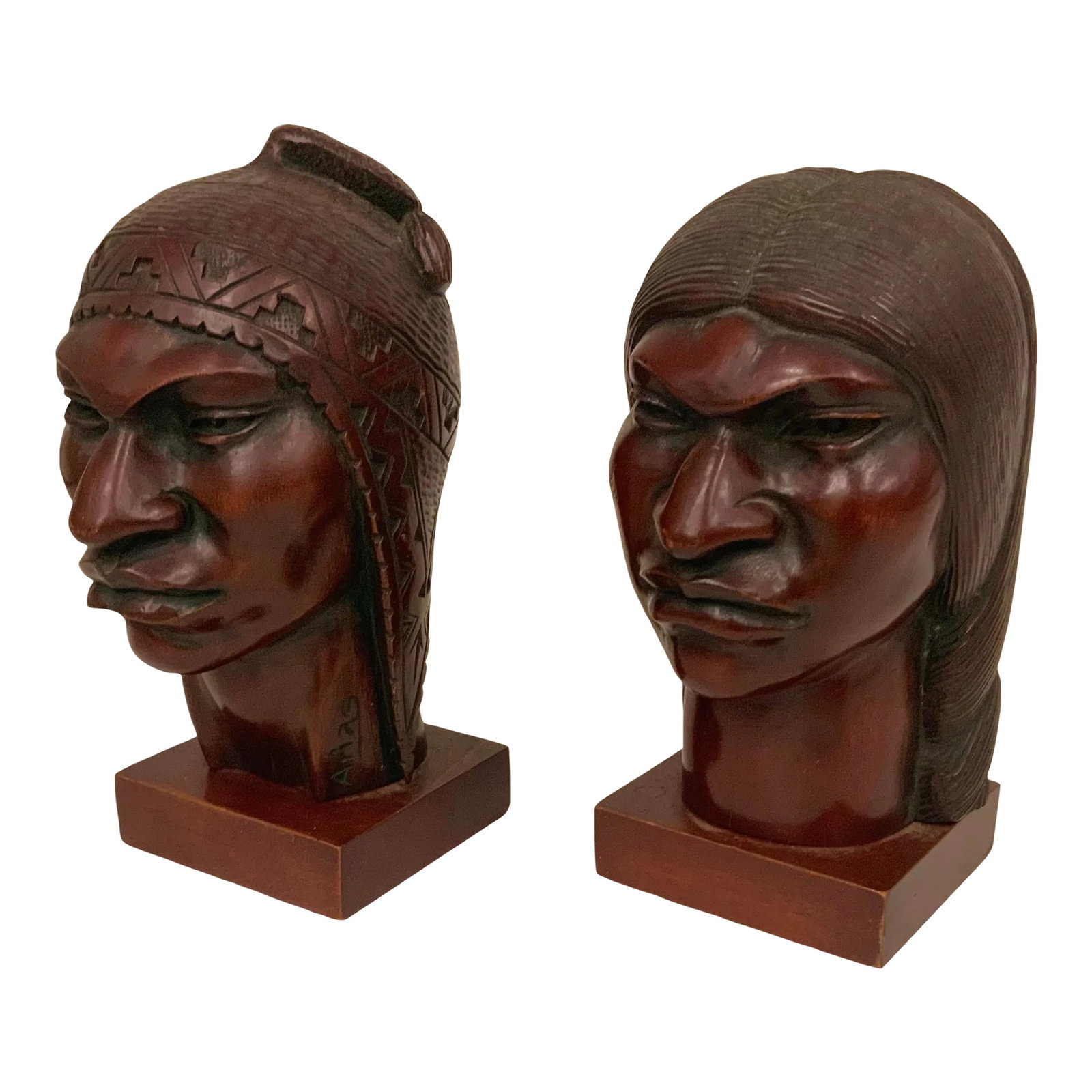 Pair of Carved Wood Sculptures of Inca Indians by Mexican Artist Flores Arias (1 of 11)