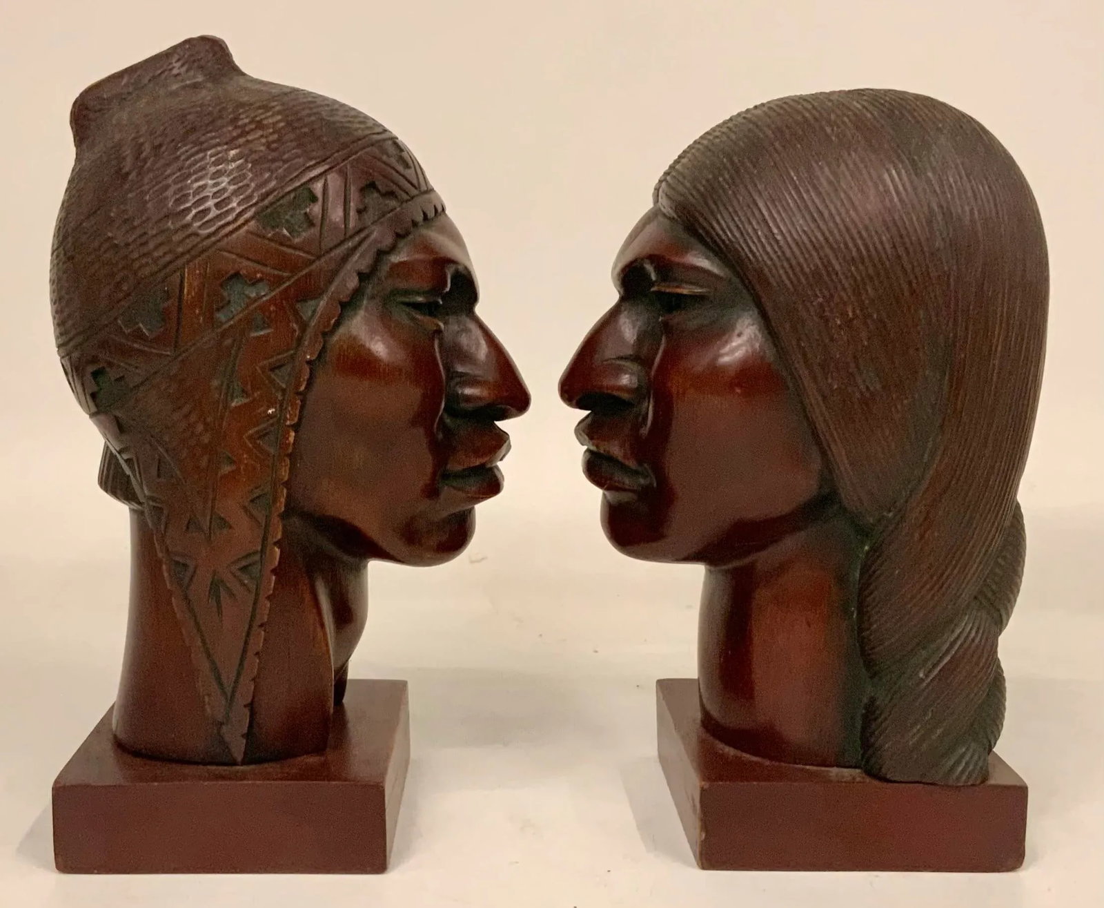 Pair of Carved Wood Sculptures of Inca Indians by Mexican Artist Flores Arias - 5