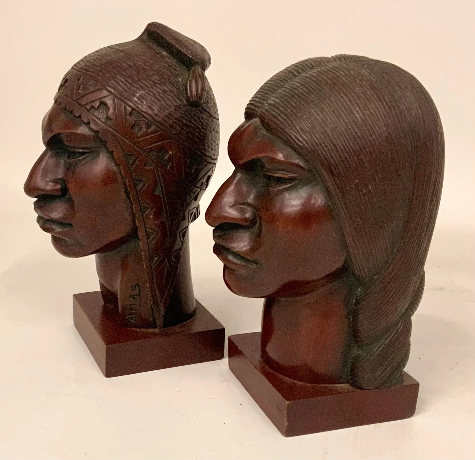 Pair of Carved Wood Sculptures of Inca Indians by Mexican Artist Flores Arias - 9