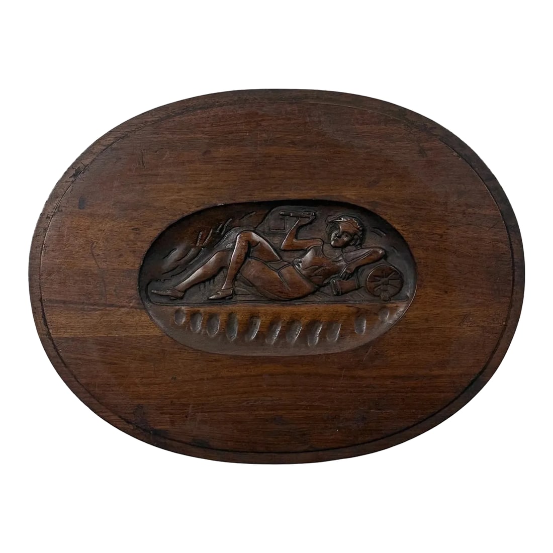 Antique Folk Art Carved Wood Plaque/Table Top: Antique Folk Art Carved Wood Plaque/Table Top. Carved wood oval shaped table top with a reclining woman. In good condition with wear consistent with age. Size: 23.5 x 17.5 in Condition: Alterations: