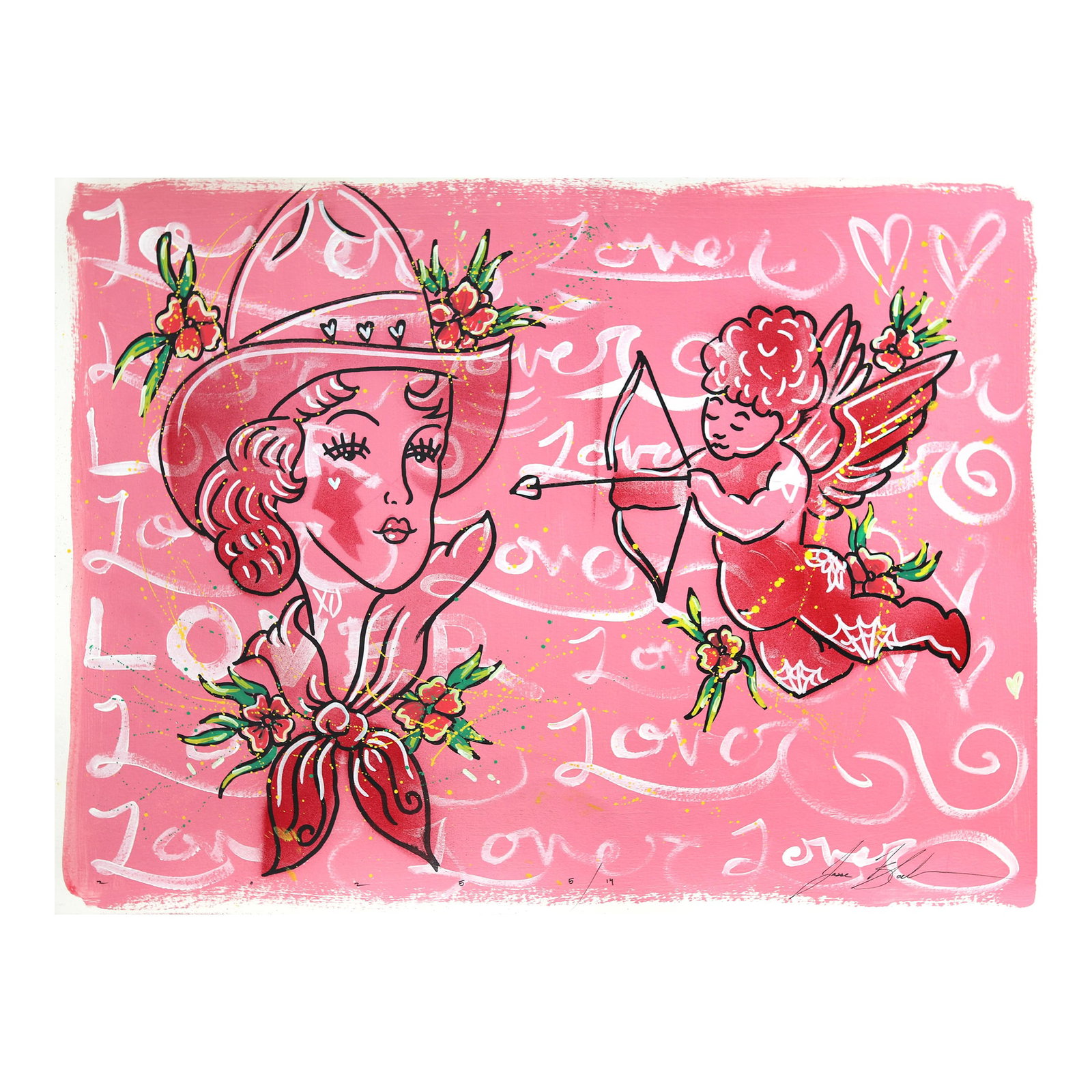 Lover 5 - Pink Figurative Cowgirl Vintage Inspired Art on Paper Original Artwork by Jesse Black: Jesse's imagery often merges playful and gritty elements, blending floral patterns, vintage-inspired designs, and bold outlines with a touch of whimsy. His artwork exudes a sense of storytelling,