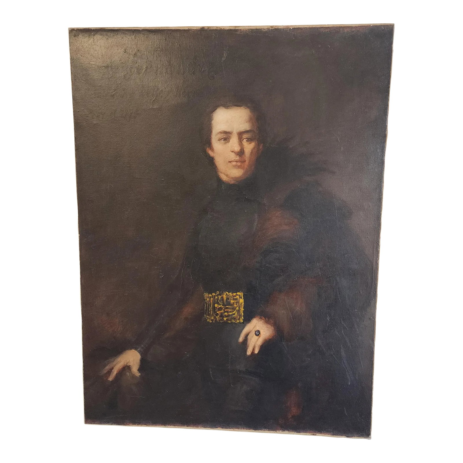 Early 19th. C Portrait of Nobility - Oil on Canvas: This oil on canvas of a young nobleman in a bear skin coat is moody and stark, the color and subject would elevate any room and most decor styles. Make a statement with this distinguished nobleman!