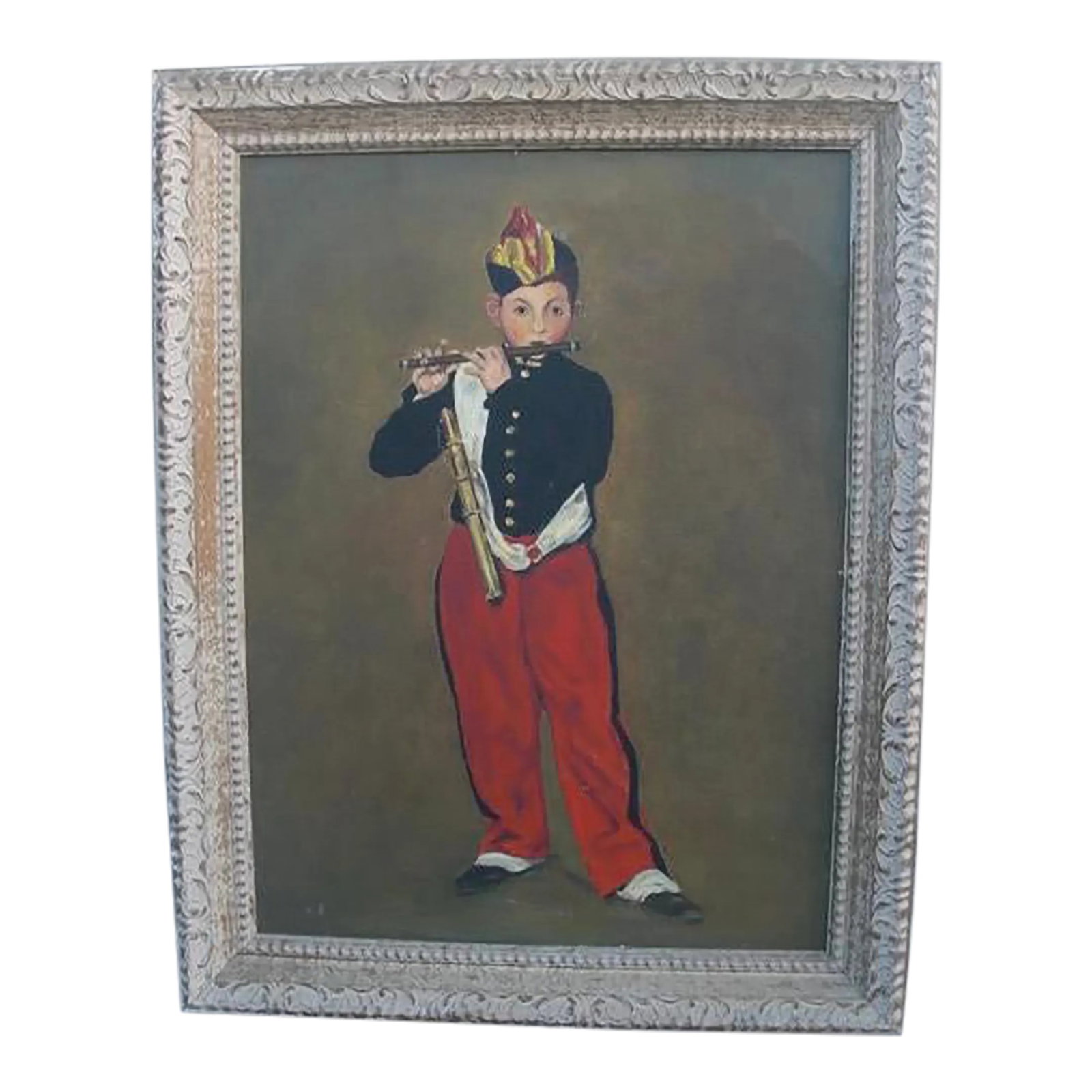 Late 20th Century "The Fifer" Edouard Manet Reproduction: This wonderful reproduction painting of Edouard Manet's "The Fifer" is an amazing rendition of the original and is beautifully displayed in a distressed, white painted frame with carved details.