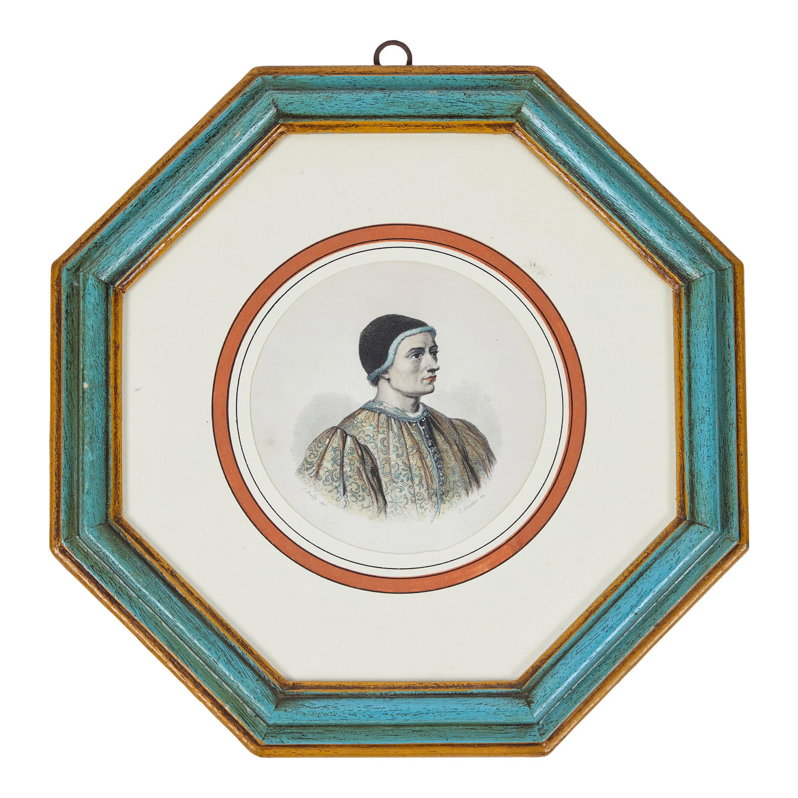 Antique Hand Colored Print of European Notable C 1800's | A: Antique Hand Colored Print of European Notable c 1800's in Original Octagonal Frame with Printed Round Mat, Italian. 11" x 11" x 1" h Condition: Alterations: Original Condition Unaltered