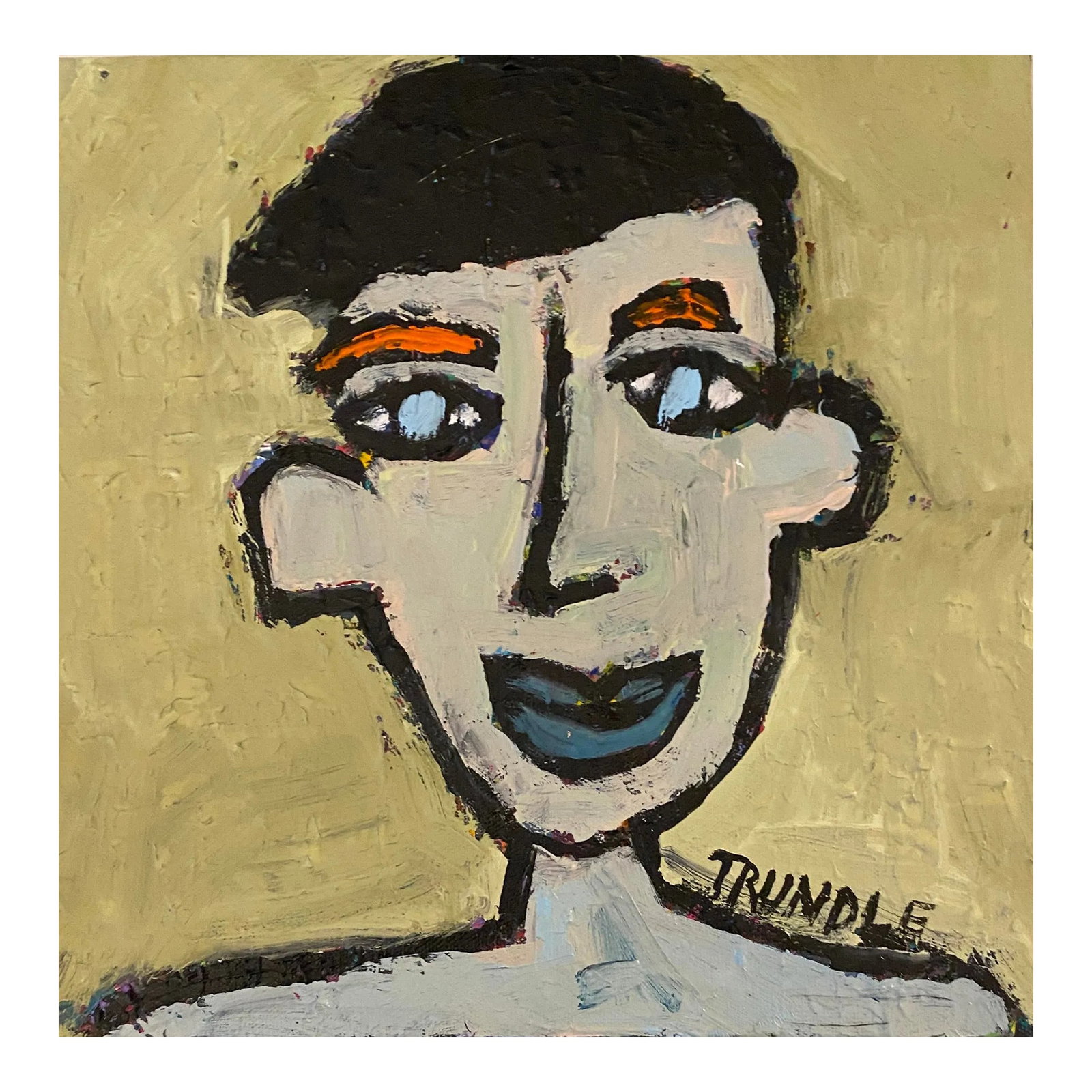 Sarah Trundle, Contemporary Abstract Portrait/ Figure Painting, "That Guy": Acrylic on canvas, 12 x 12 x 1.5. Edges painted black, back wired, readyt to hang. Condition: Imperfections: No Imperfections Origin: United States Creator: Artist: Sarah Trundle Materials &