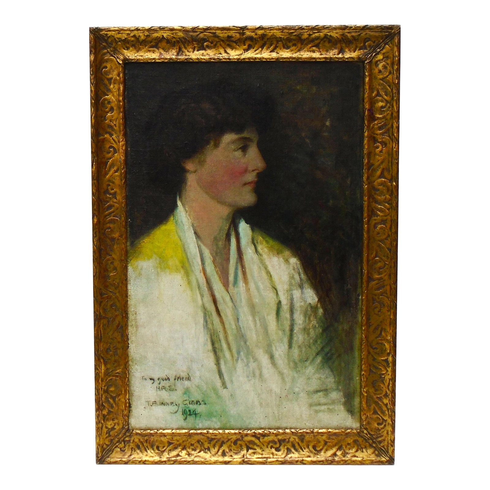 "To My Good Friend, H.R.S. - 1924" Original Oil Painting: An original oil painting on canvas laid onto wooden panel by Thomas Binney Gibbs, British artist 1870-1947, "To My Good Friend, H.R.S. - 1924" a half length side profile of a rosy cheek, dark haired