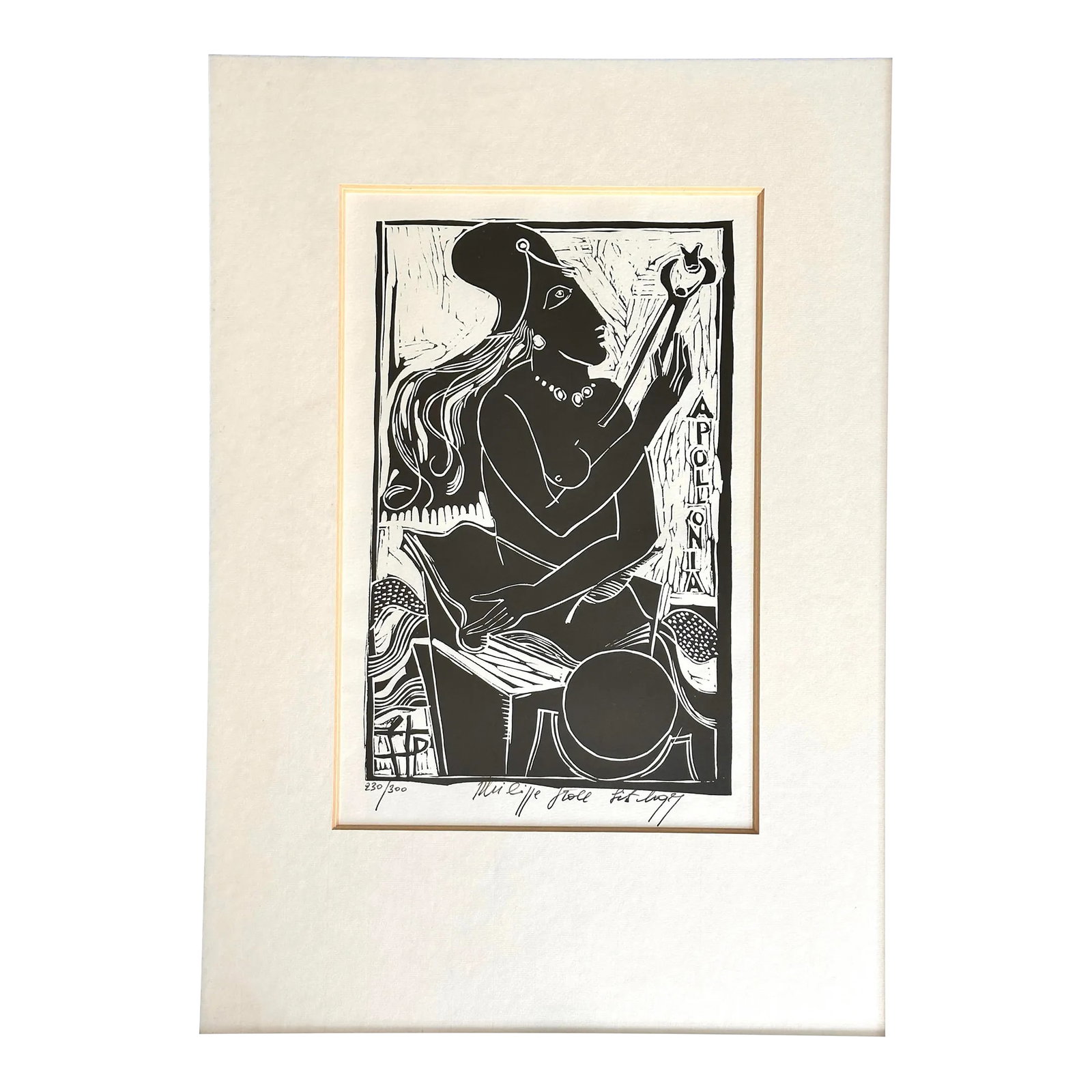 Vintage Expressionist German Woodcut of Apollonia in Memphis Style Frame, Signed: Vintage Expressionist German Woodcut of Apollonia in Memphis Style Frame, Signed. Illegibly signed and numbered at the bottom of the etching. Housed under non glare glass in a blue and grey speckled