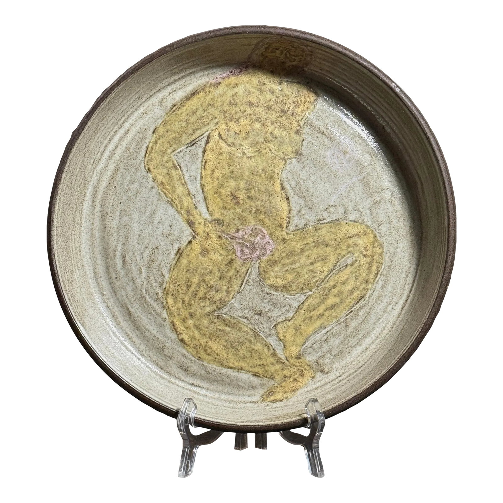 Vintage Expressionist Figurative Nude With Leaf Art Plate by Raymonde Desabres, Signed: Vintage Expressionist Figurative Nude with Leaf Art Bowl by Raymonde Desabres, Signed. Large shallow bowl with expressionist nude with leaf in yellow. In good condition with wear consistent with age.