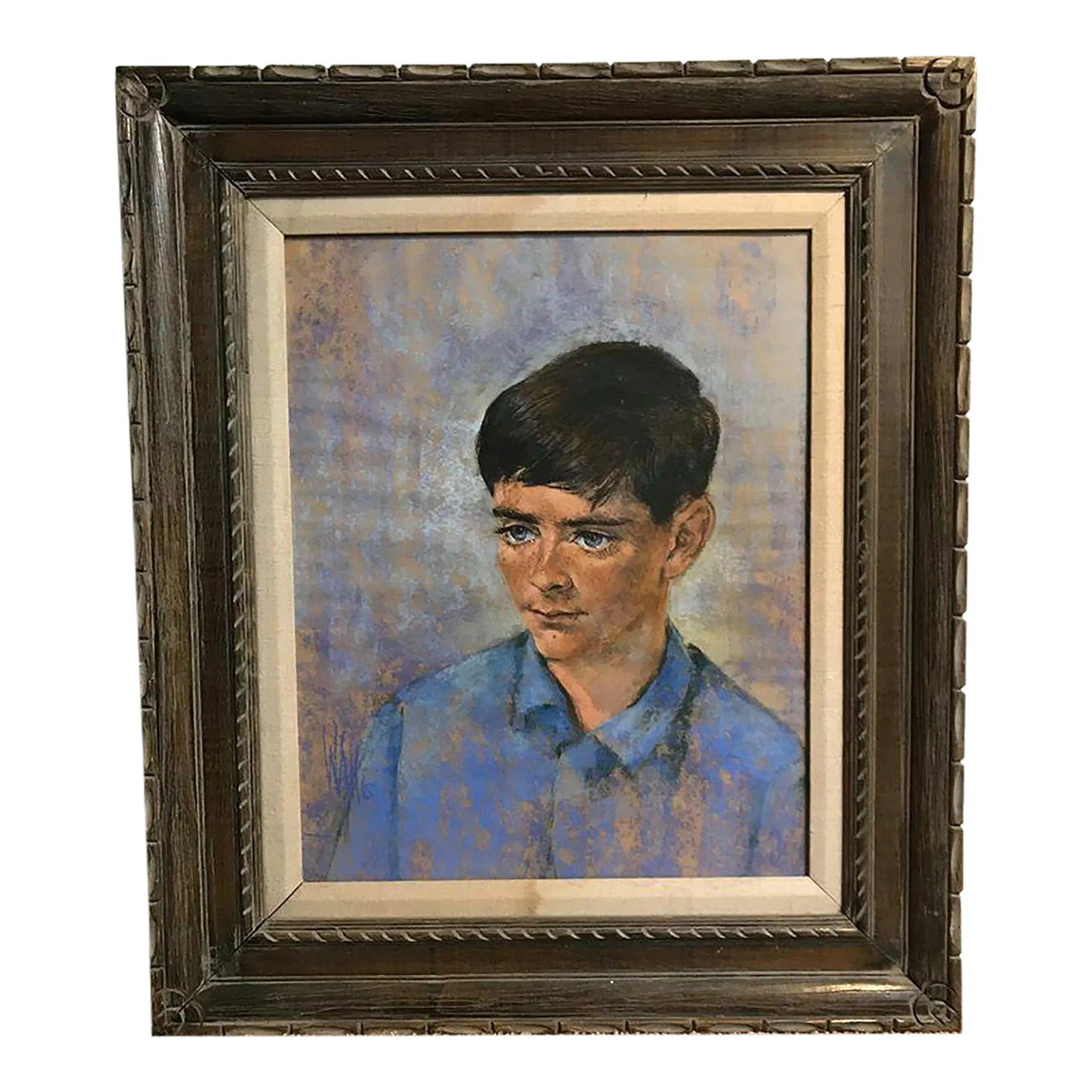 1968 Pastel on Paper Portrait Painting by Kitty Wallis Dated and Signed: Original Vintage Pastel Portrait of a Young Man by American Artist KITTY WALLIS dated 1968 and signed. Original wooden frame with matted glass Media: pastel on paper Aprox. dimensions: Visible area: 1