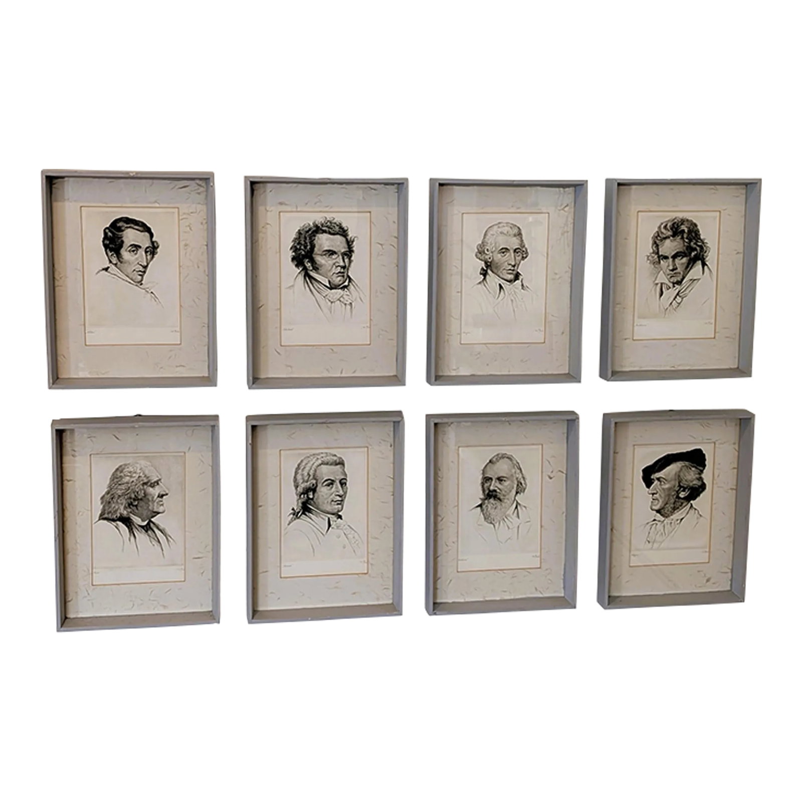 1930s Set of Eight (8) Signed Etchings of Famous Composers by Wilhelm Pech: Eight (8) framed drypoint etchings of classical composers by Wilhelm Pech (1876-1965). Composers depicted include: Top row L to R: Carl Maria von Weber, Franz Schubert, Joseph Haydn, Ludwig von