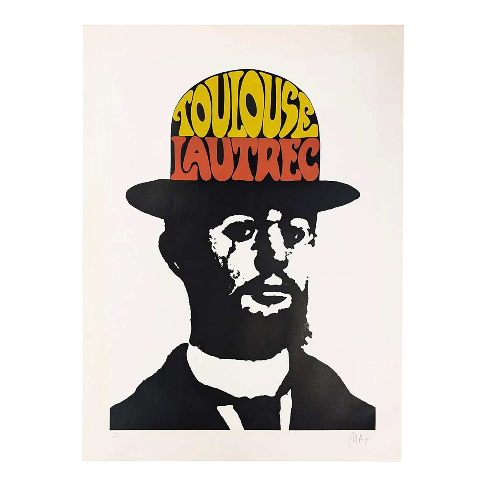 Peter Max Toulouse Lautrec, Large Hand Signed Serigraph, 1974: Serigraph in colors on paper. Hand signed and numbered by Peter Max. From the edition of 125 (there are also Artist Proofs). Sheet size 48 x 36 inches. Image size approx 41.5 x 30 inches. Published