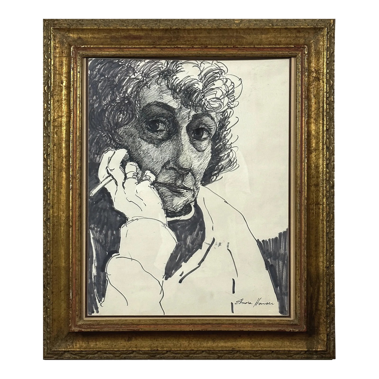 Elnora Hauser - Vintage Expressionist Self Portrait Smoking, Signed (C. 1950, Mixed Media on Paper): Elnora Hauser - Vintage Expressionist Self Portrait Smoking, Signed (c. 1950, Mixed Media on Paper). Signed in the lower right corner. Housed under glass in a stacked gilt wood frame. In good conditio
