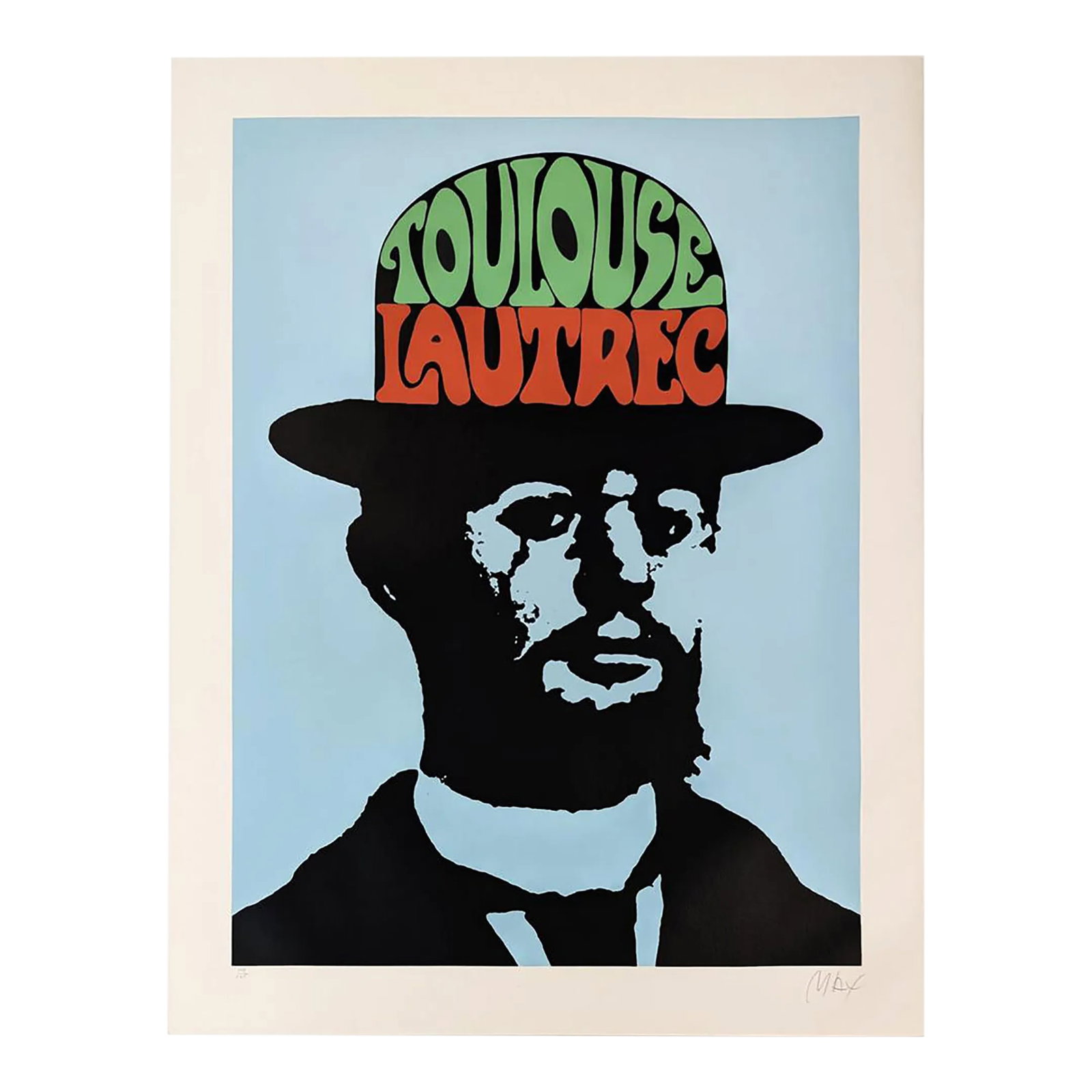 Peter Max Toulouse Lautrec (Blue), Large Hand Signed Serigraph, 1974: Serigraph in colors on paper. Hand signed and numbered by Peter Max. From the edition of 125 (there are also Artist Proofs). Sheet size 48 x 36 inches. Image size approx 41.5 x 30 inches. Published