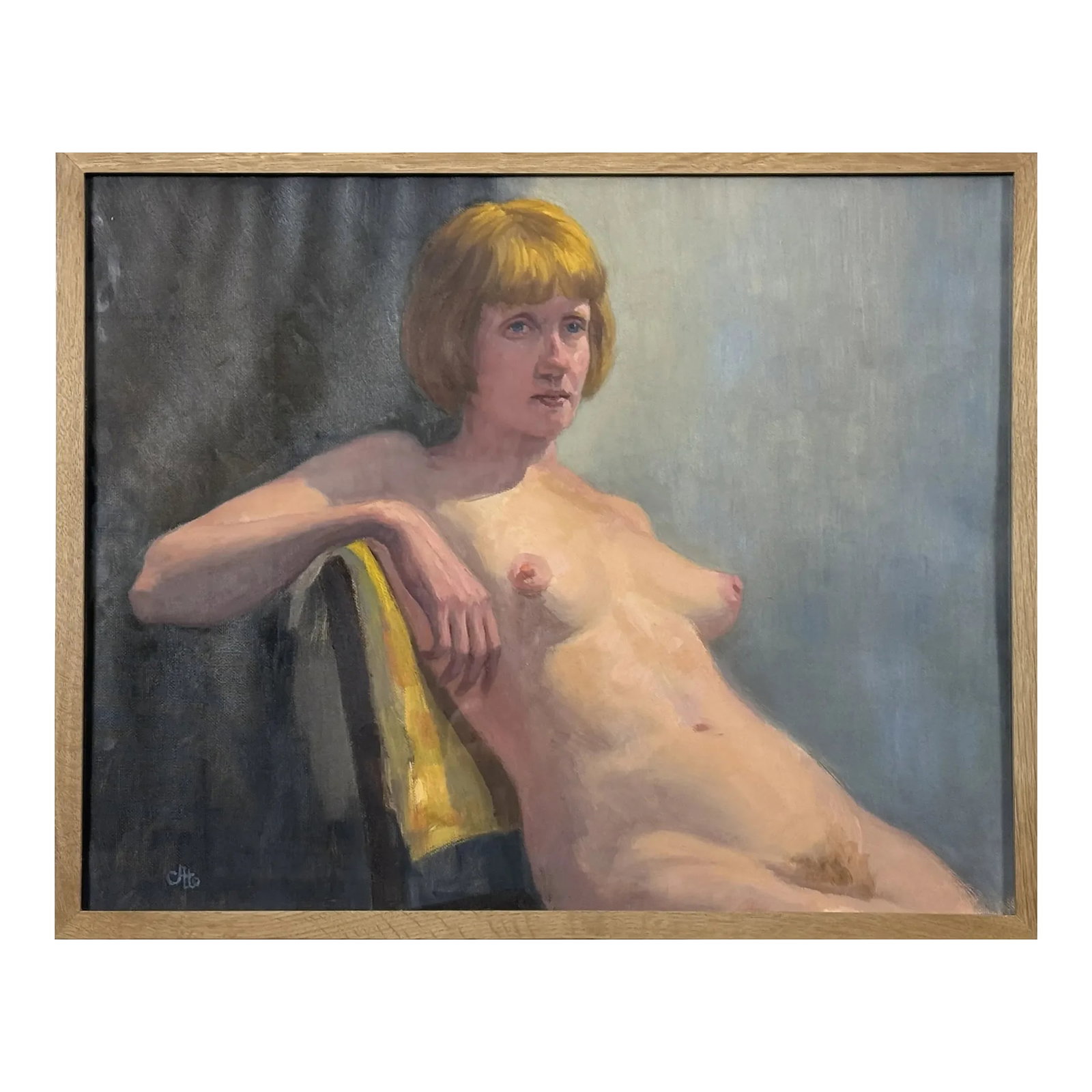 Vintage Realist Oil Nude Study of Seated Woman, Signed (C. 1970, Oil on Canvas Paper): Vintage Realist Oil Study of Seated Woman, Signed (c. 1970, Oil on Canvas Paper). Signed in the lower left corner. Housed under glass in a natural wood frame. In very good condition with wear
