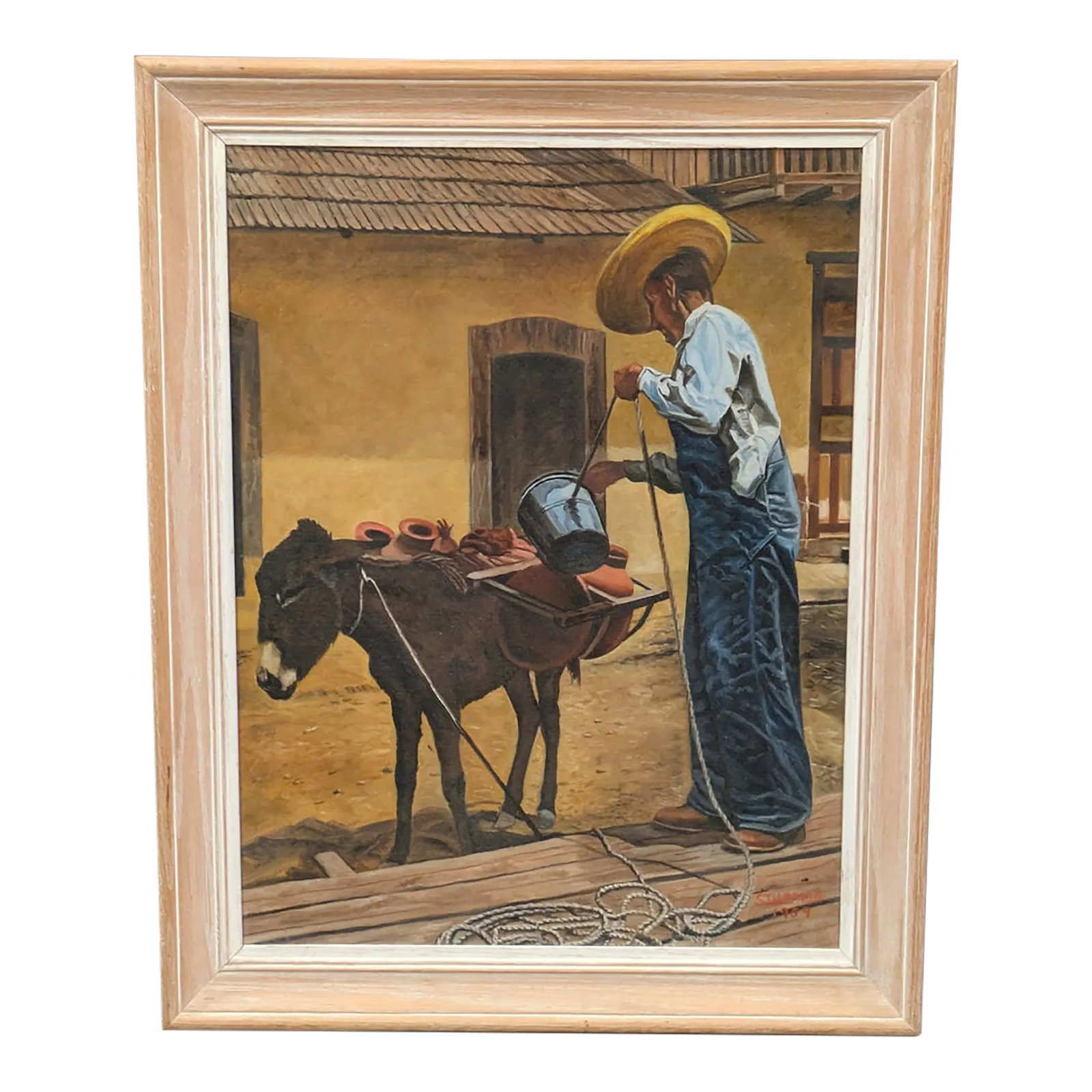 1950s Vintage South Western Painting Man With Donkey 1959 Signed Sturman: Fine Old west painting of a man with a donkey. This painting is signed Sturman and dated 1959. The artist was prolific and appears to have painted cowboy and old west subjects. This oil painting is