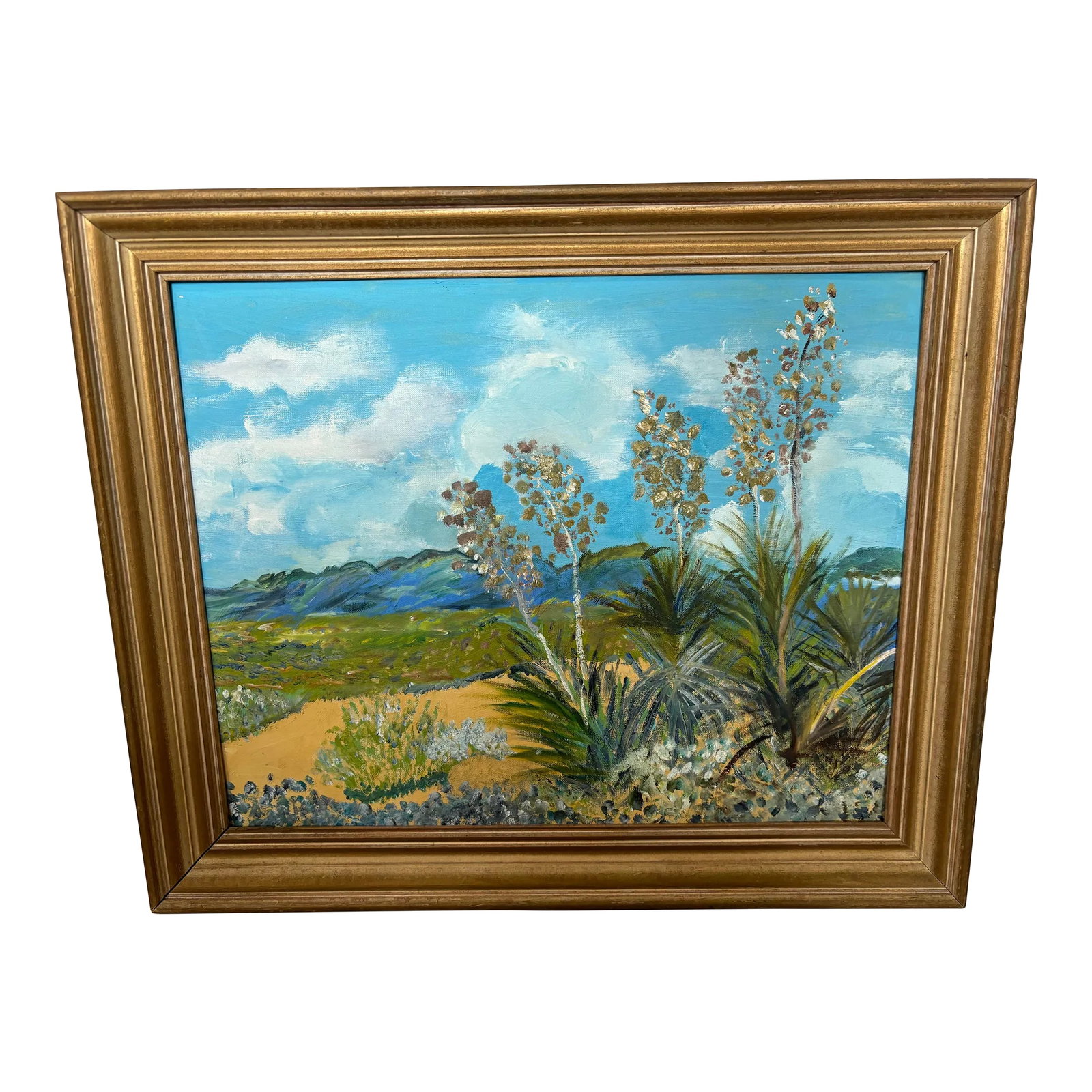 Late 20th Century Boho Chic "Desert Land" Oil Painting by Charles Wesolowski: Fantastic Boho Chic "Desert Land" Painting by Charles Wesolowski. This painting features mountains and desert foliage. Framed dimensions: 23.25" w x 19.5" h Board dimensions: 20" w x 16" h Condition: 