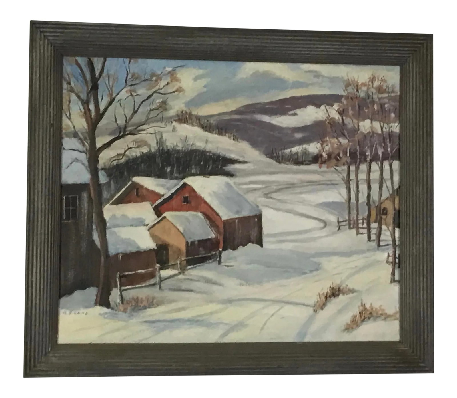 The Finger Lakes Hills-Oil on Board: This folk arty oil on board was painted by a Mertal Lord -she gave to the family I bought it from in the 1950's -it is a winter scene in Moravia NY- the home of John D Rockefeller Condition: