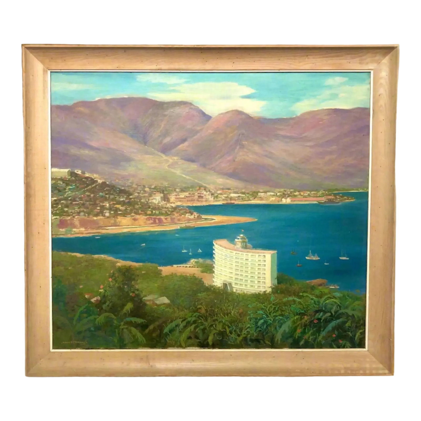 Mid Century Worldscape Oil Painting | James Cloetingh: Large oil on canvas by artist James Cloetingh, Dimensions: 40.5-in H x 46-in W x 2-in D. Condition: Alterations: Original Condition Unaltered Imperfections: Some Imperfections Condition Notes: fair