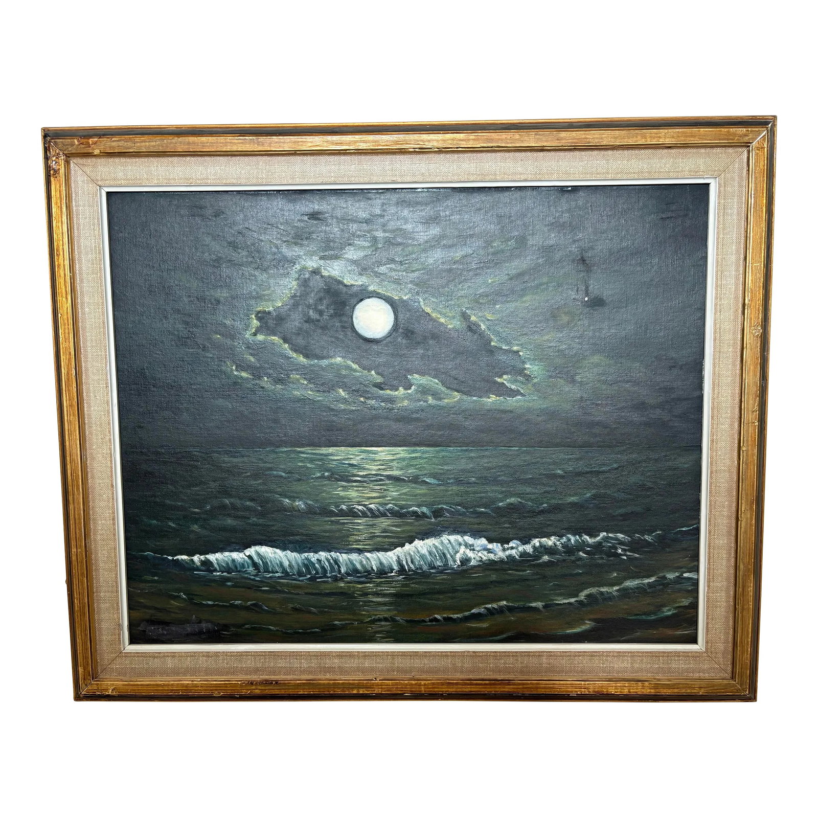 1980s Coastal Ocean by Moonlight Night Oil Painting by Louise Frank: Fabulous Coastal Ocean by Moonlight Night Oil Painting by Louise Frank. This unique painting features a cloudy moonlit night with the moon shining on the ocean. Dimensions framed are 33.5" w x 27.5"