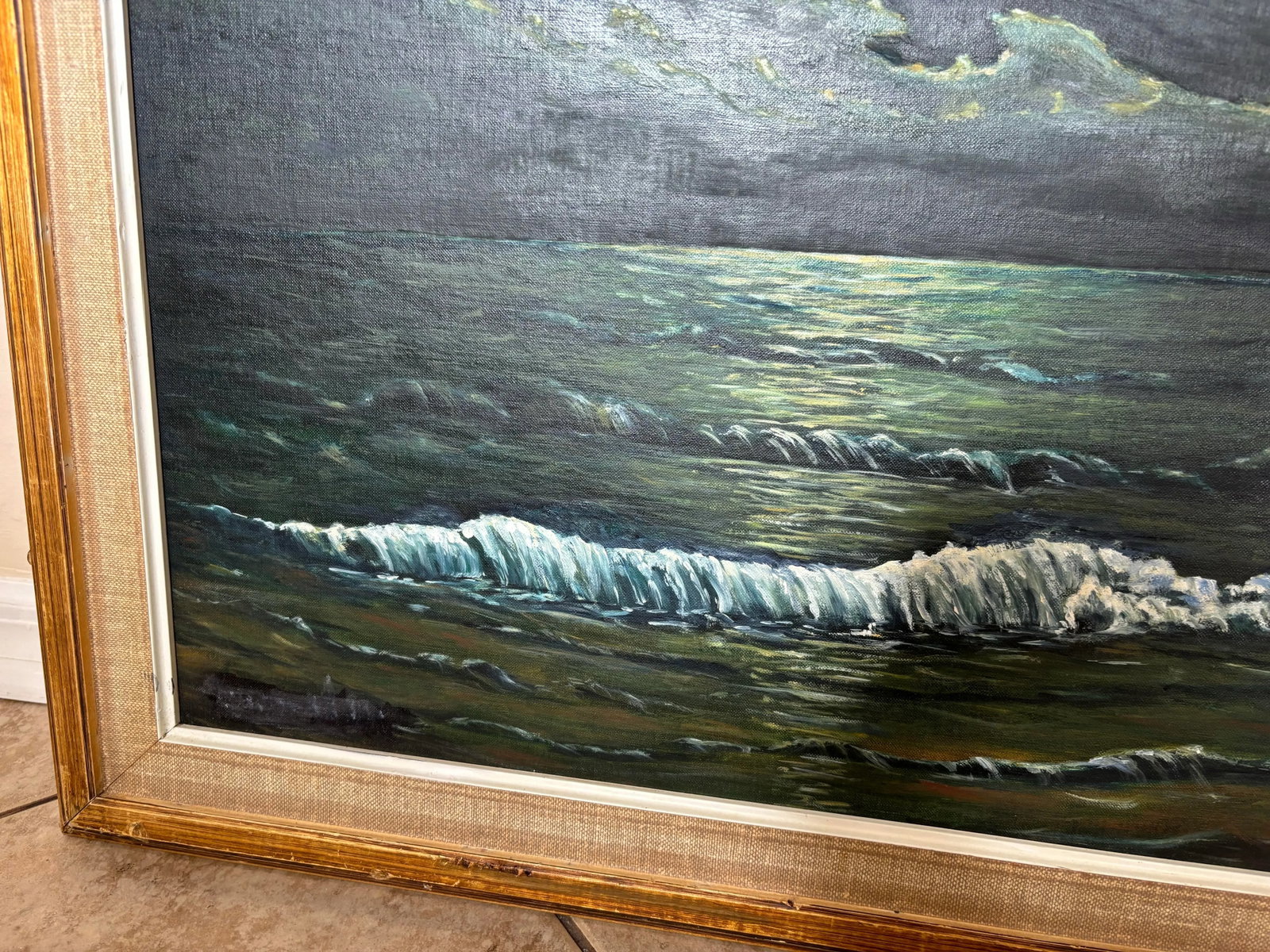 1980s Coastal Ocean by Moonlight Night Oil Painting by Louise Frank - 5