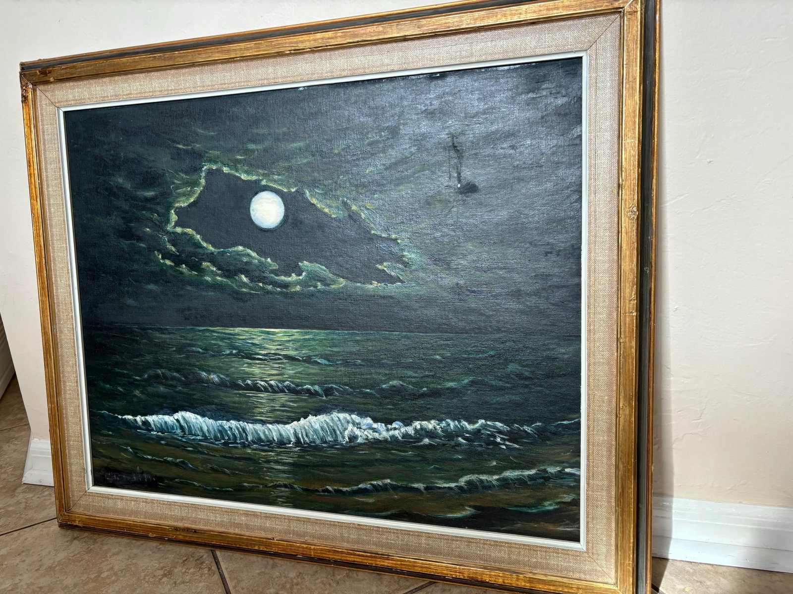 1980s Coastal Ocean by Moonlight Night Oil Painting by Louise Frank - 6
