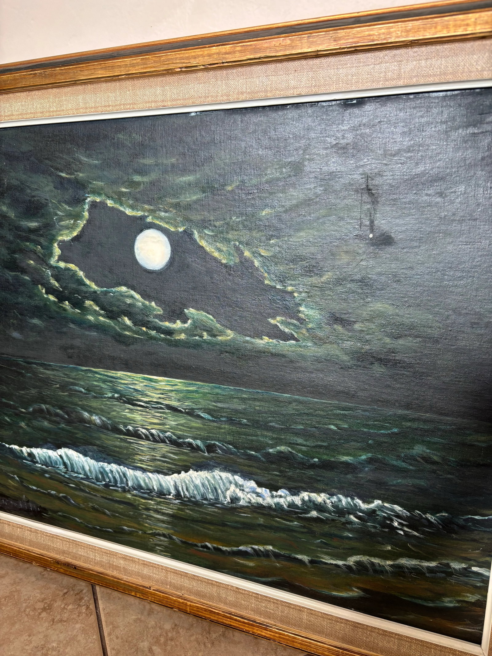 1980s Coastal Ocean by Moonlight Night Oil Painting by Louise Frank - 7
