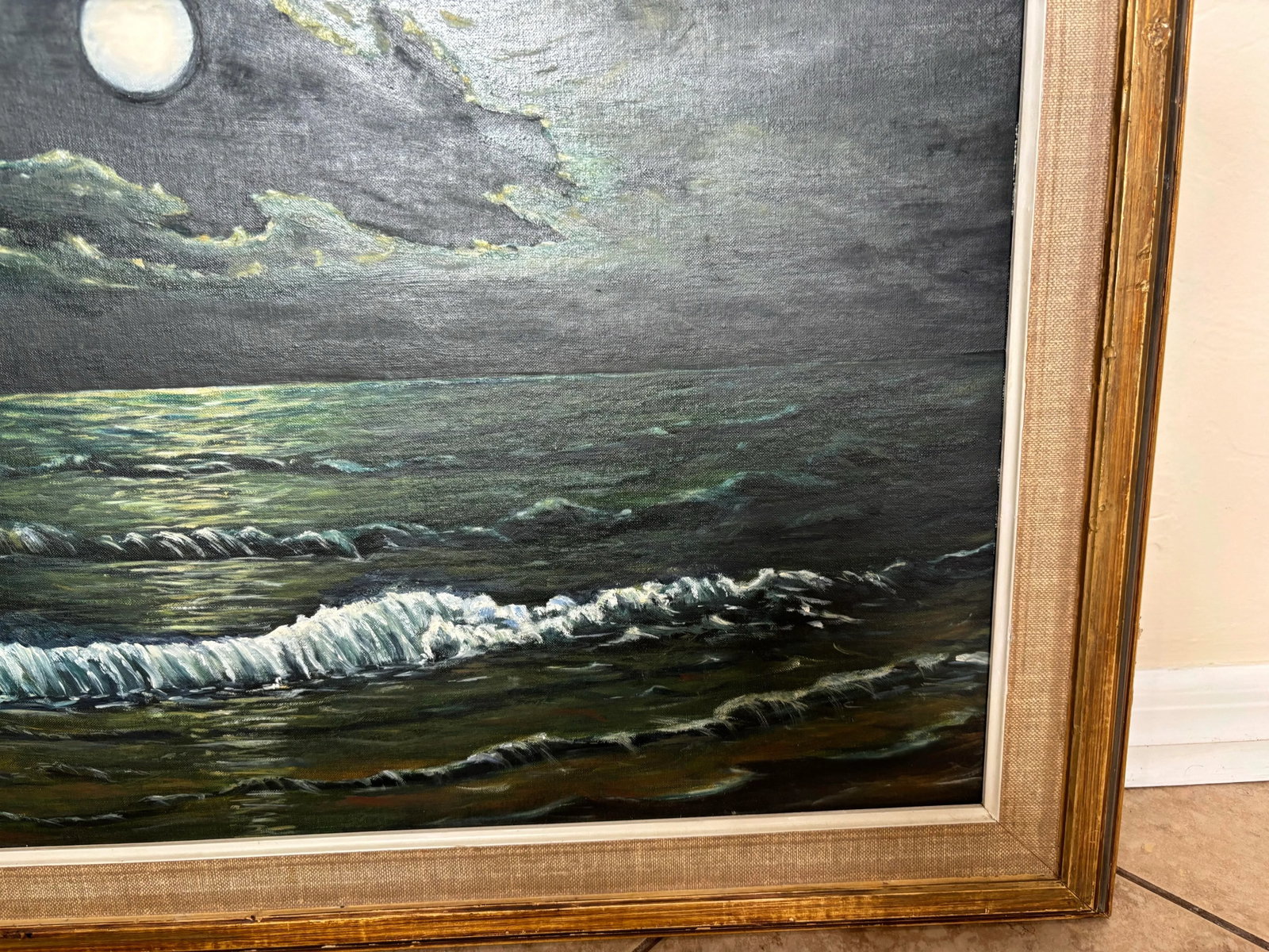 1980s Coastal Ocean by Moonlight Night Oil Painting by Louise Frank - 8